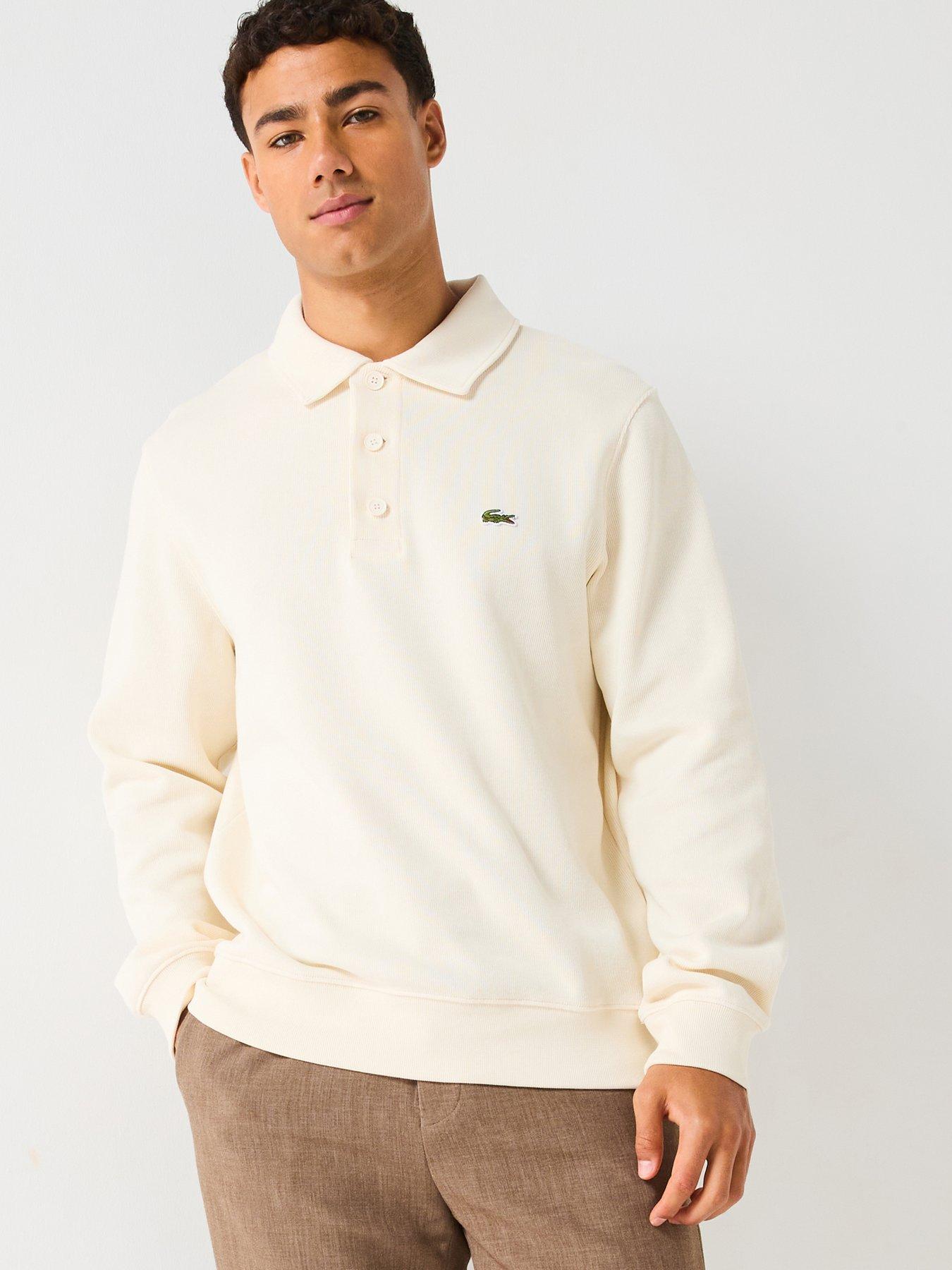 undefined Classic Fit Ribbed Polo Collar Crew Sweat- Cream