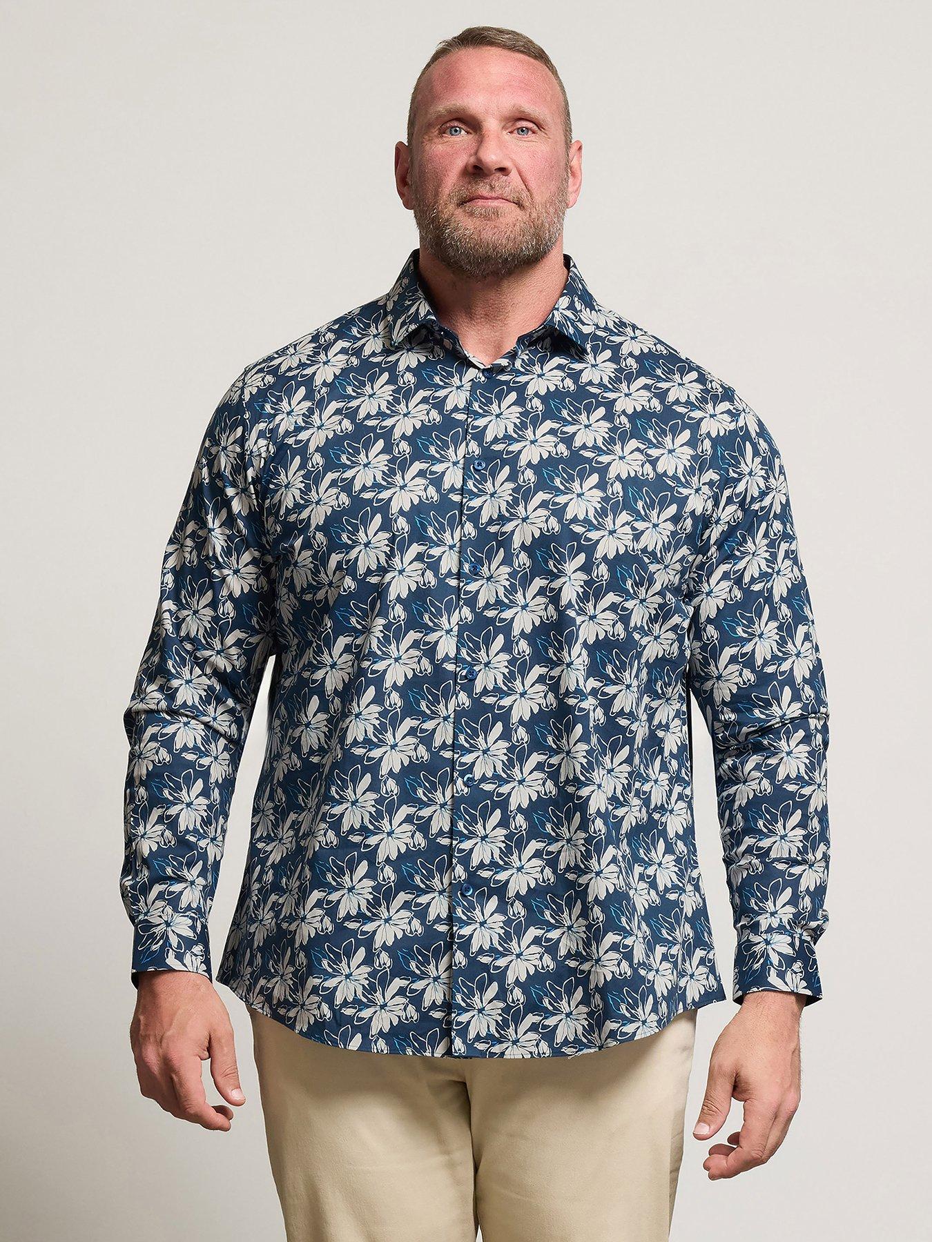 BadRhino Leaf Print Long Sleeve Shirt, Blue, Size 17.5, Men