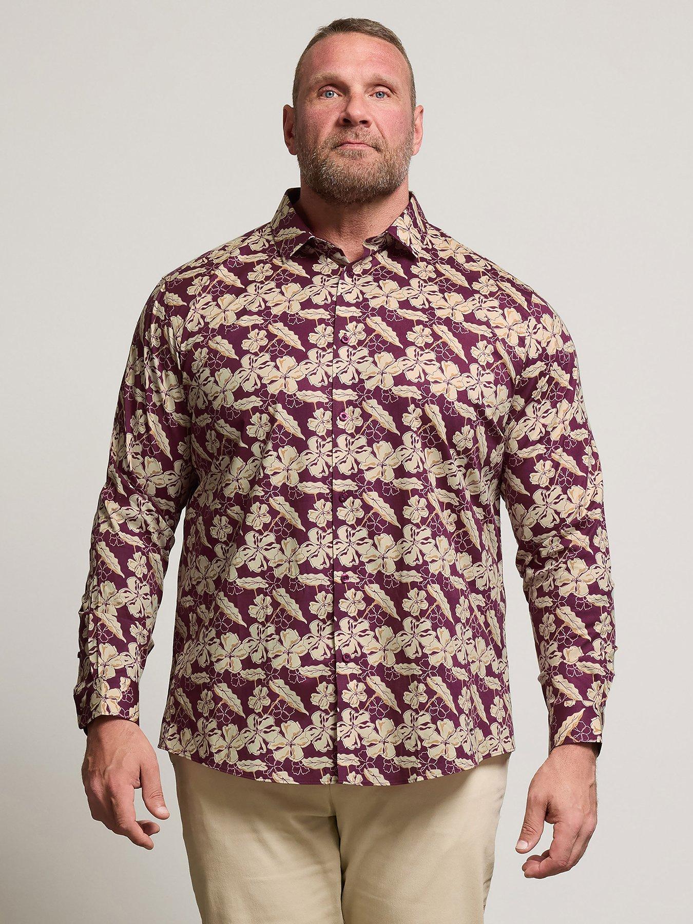BadRhino Leaf Print Long Sleeve Shirt, Red, Size 17.5, Men