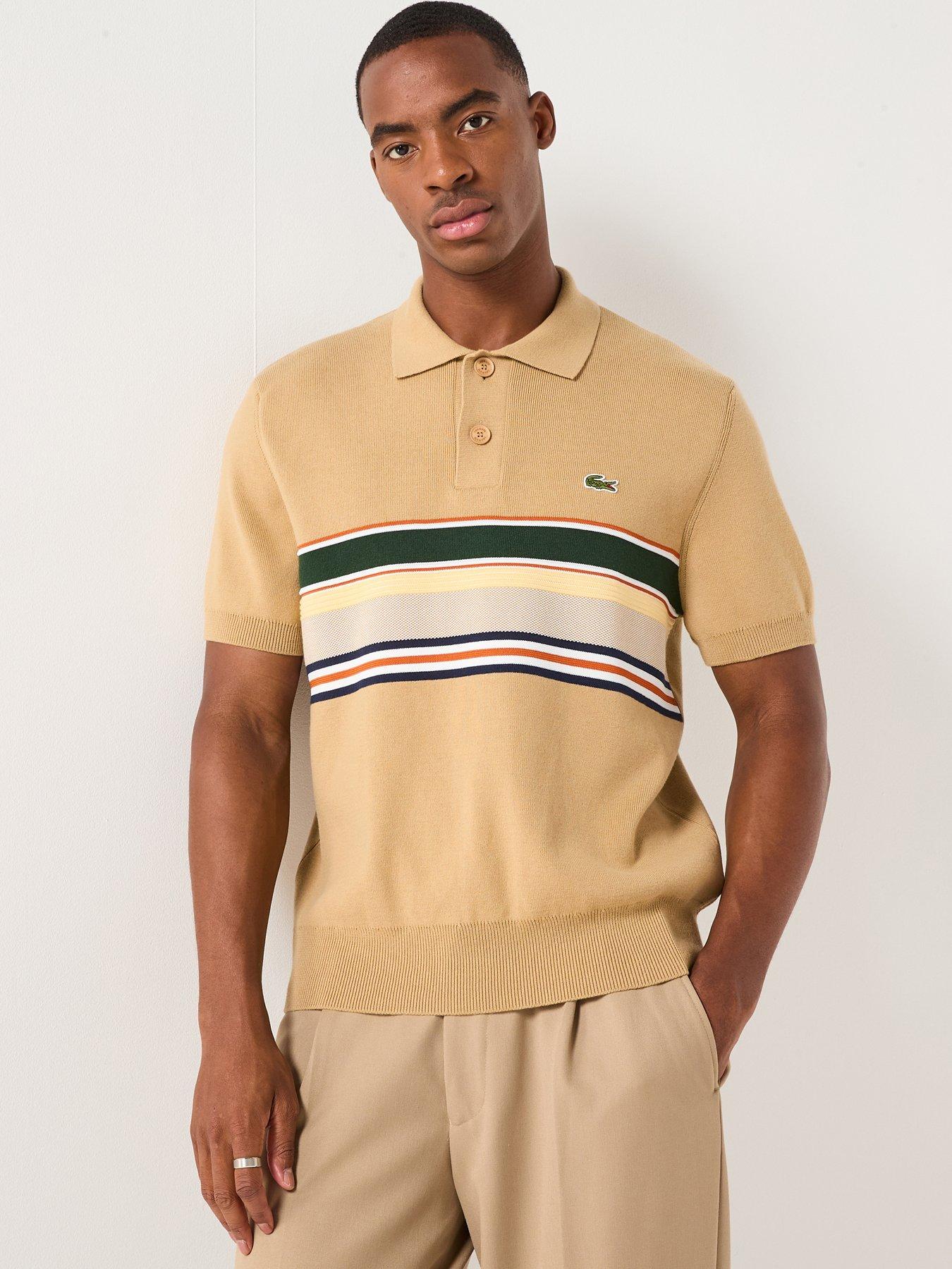 Lacoste Short Sleeve Striped Knitted Polo Shirt- Beige