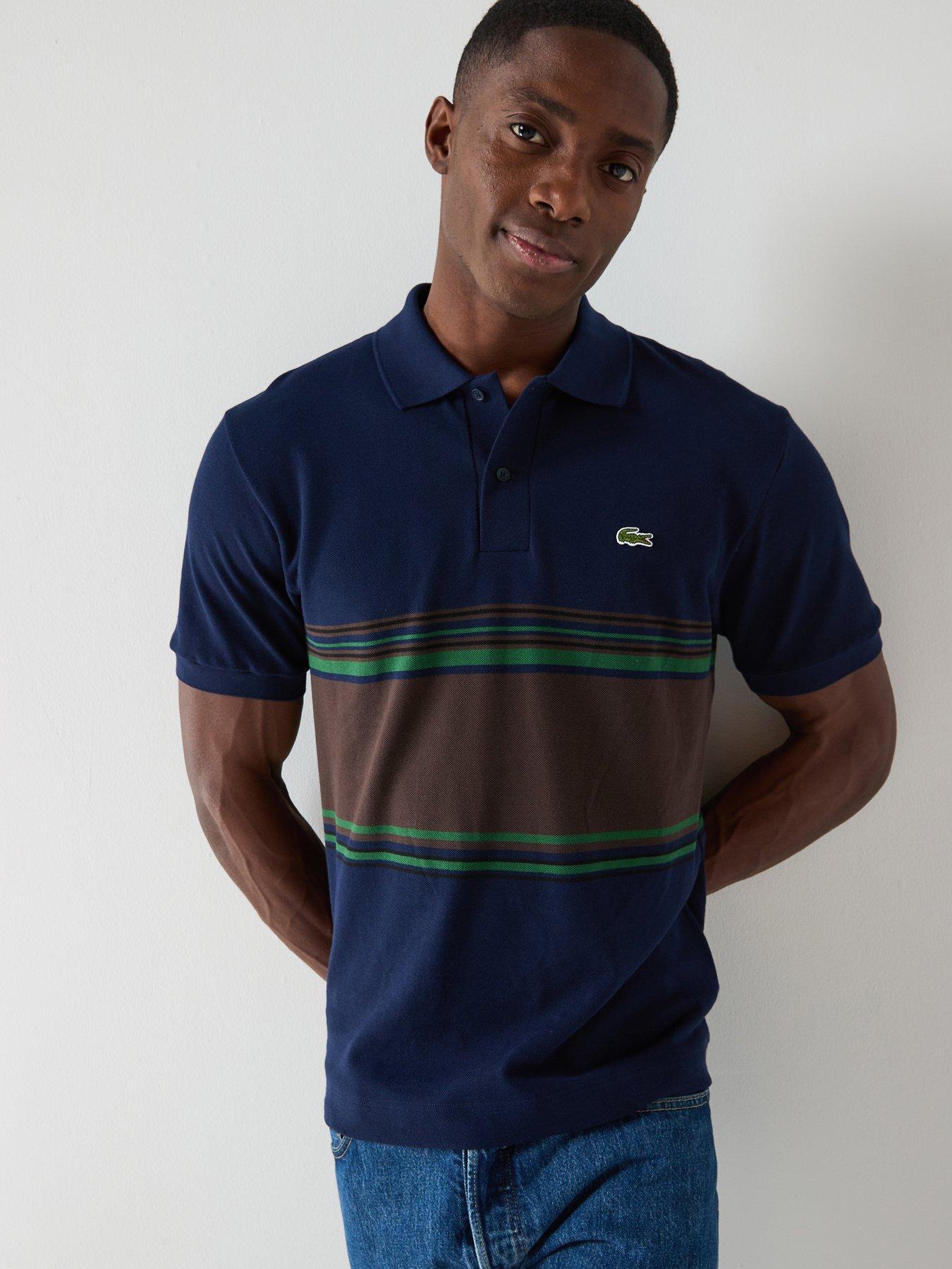 Lacoste French Made Striped Short Sleeve Polo Shirt, Navy, Size S, Men