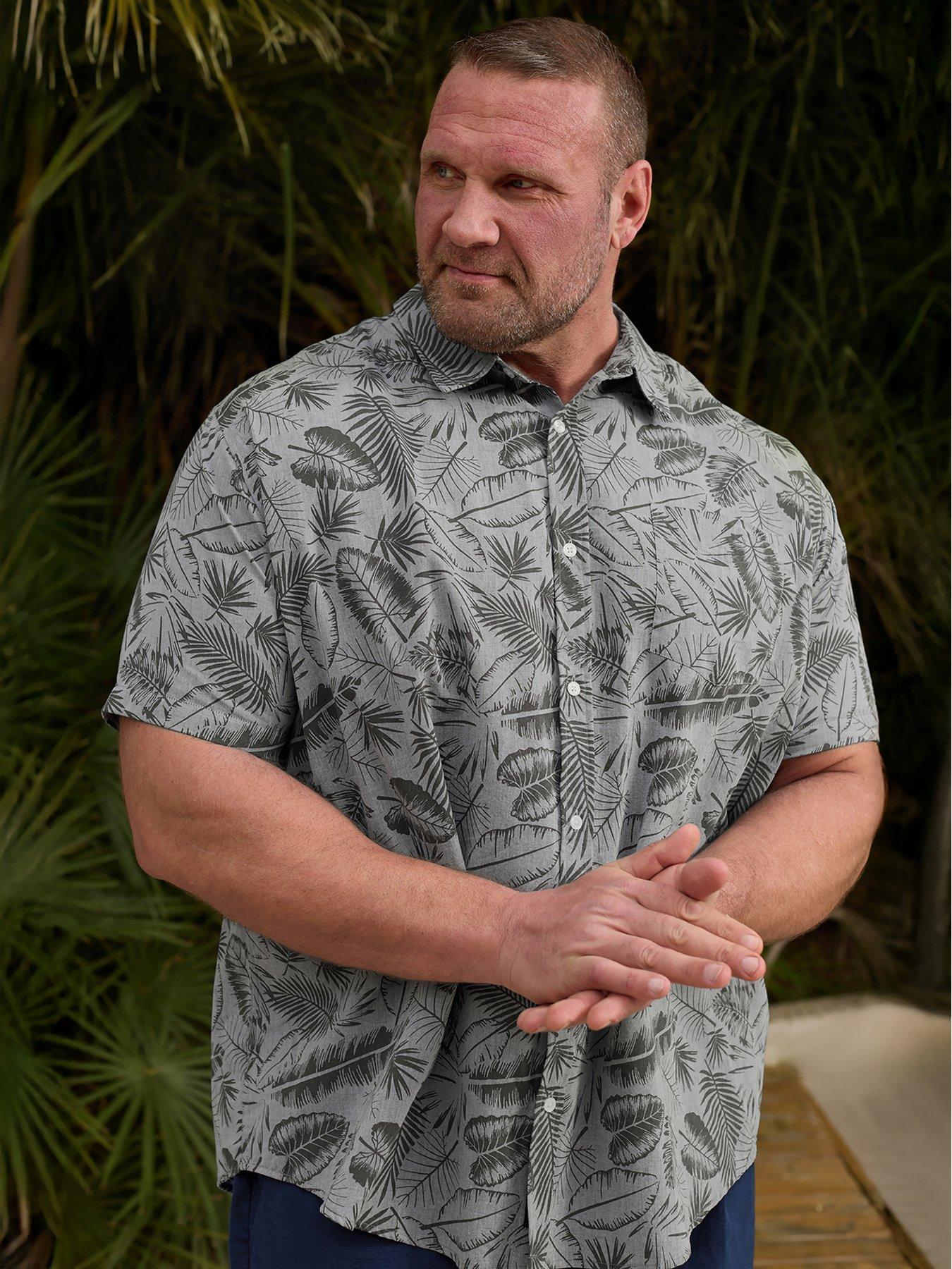 undefined Chambray Tonal Leaf Print Short Sleeve Shirt - Grey