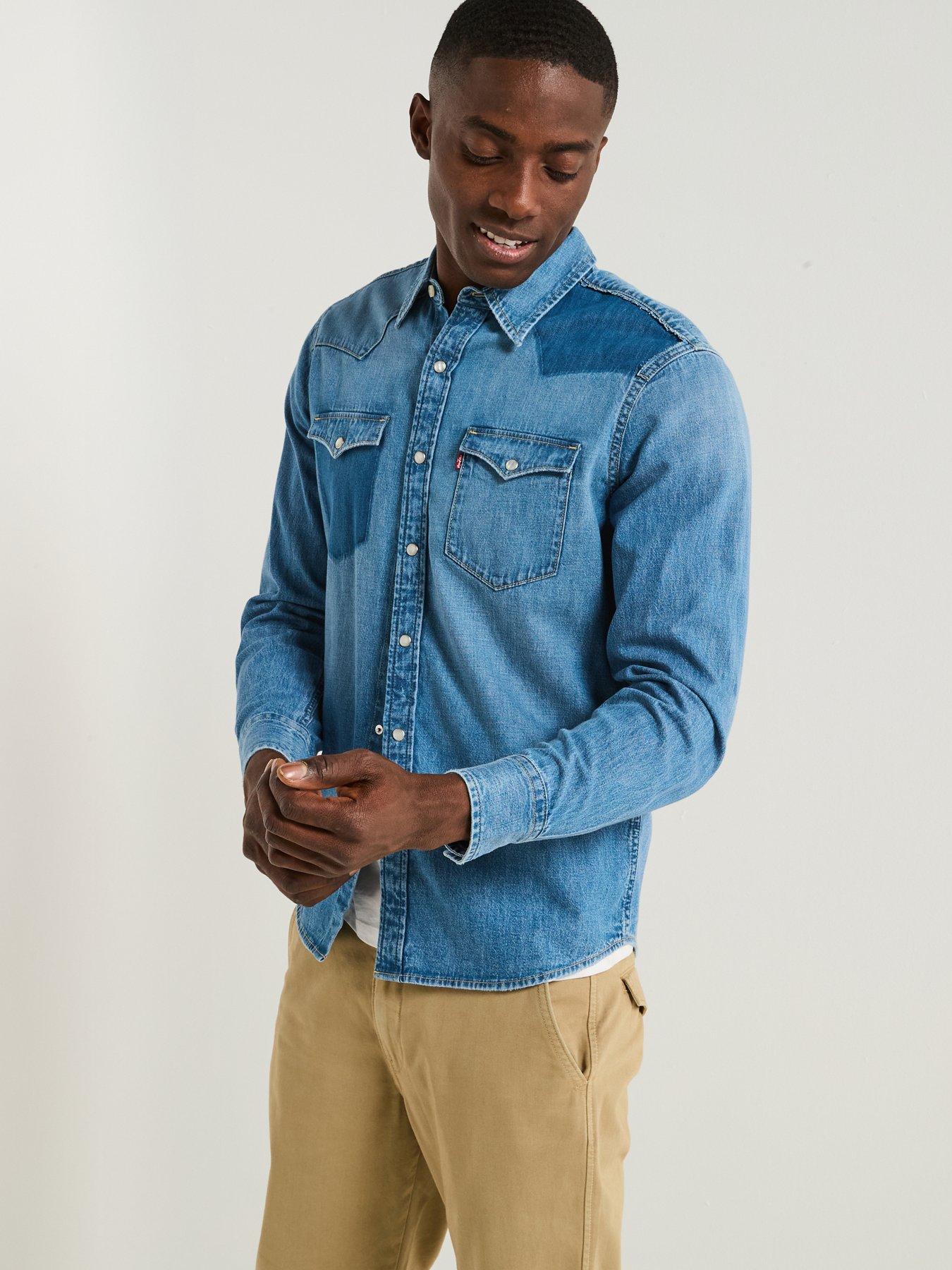undefined Classic Western Denim Patch Long Sleeve Shirt- Blue