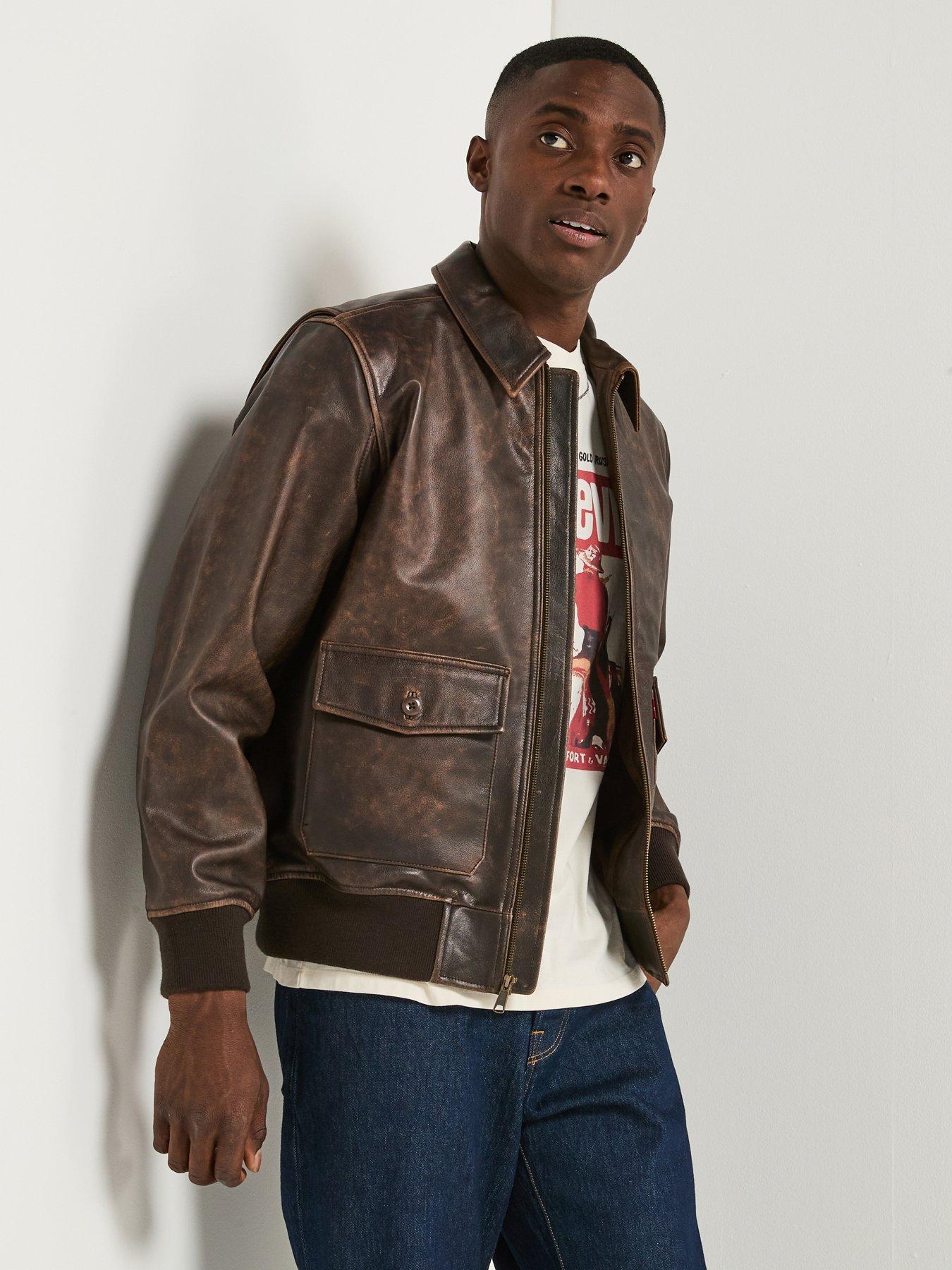 LEVI'S® CLAYTON LEATHER AVIATOR JACKET Levi's Clayton Cuffed Leather Aviator Jacket - Brown | Very
