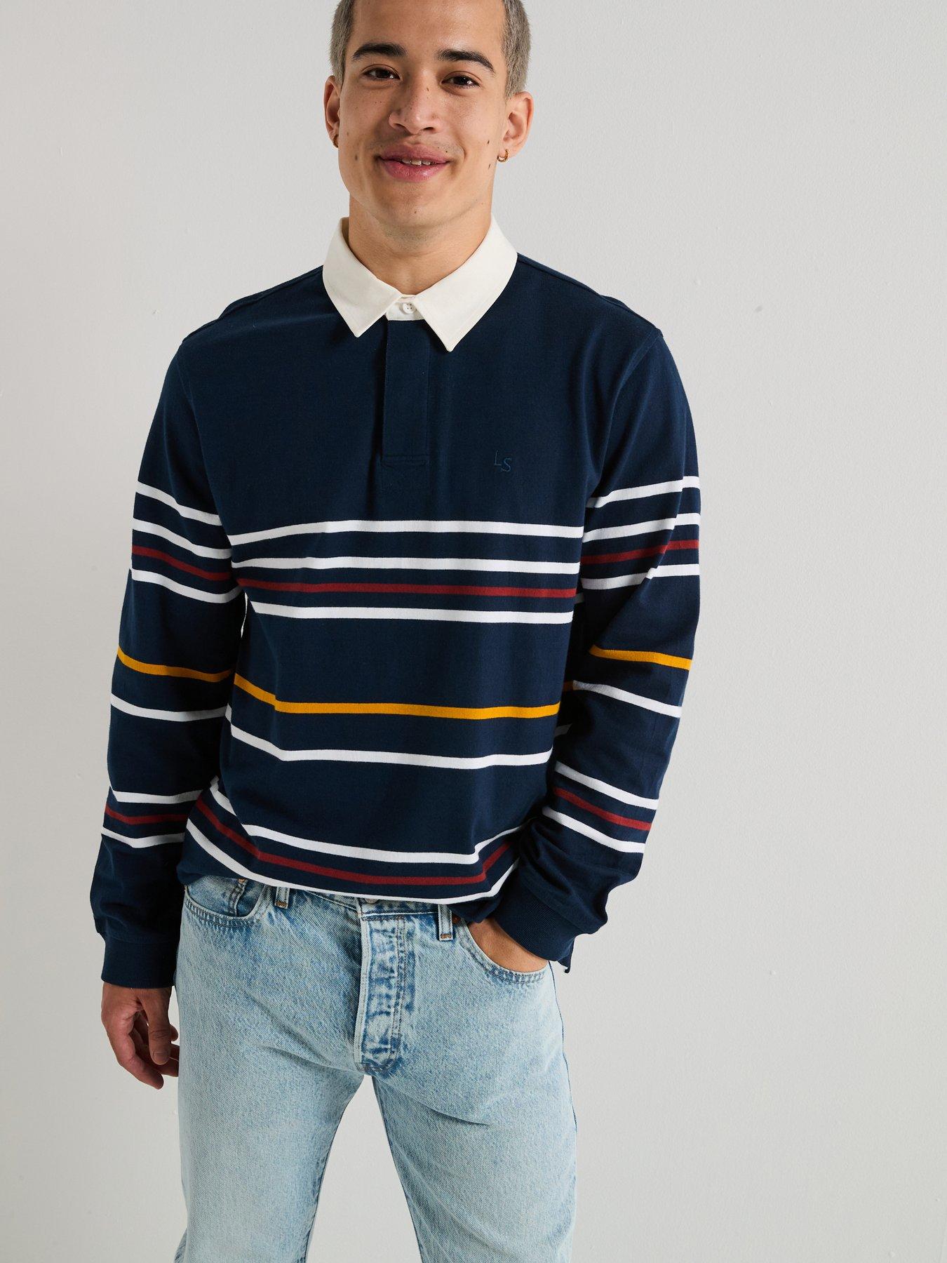 undefined Union Long Sleeve Striped Rugby Polo Shirt - Navy