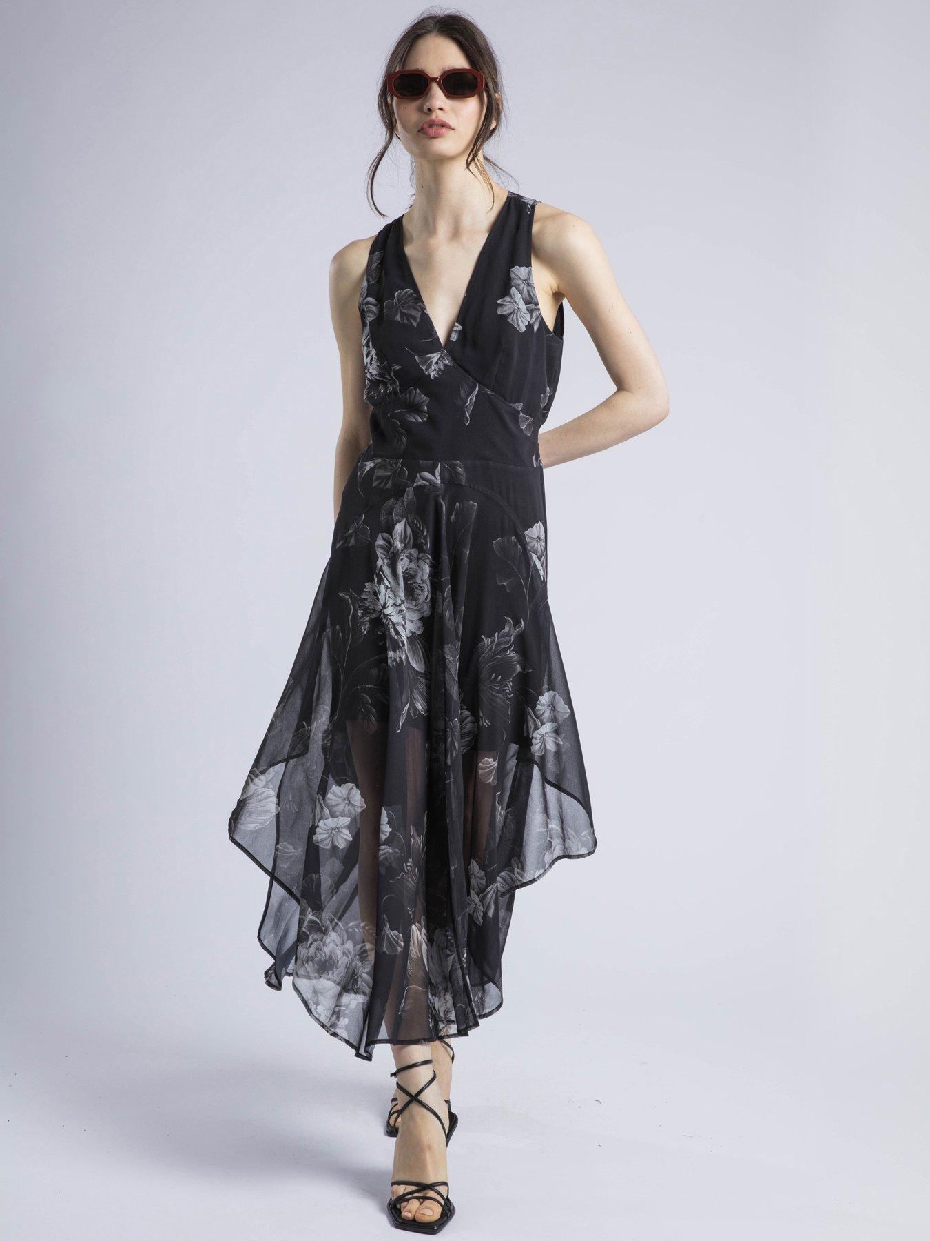 undefined Aida Midi Dress In Dark Floral With Handkerchief Hem - Black