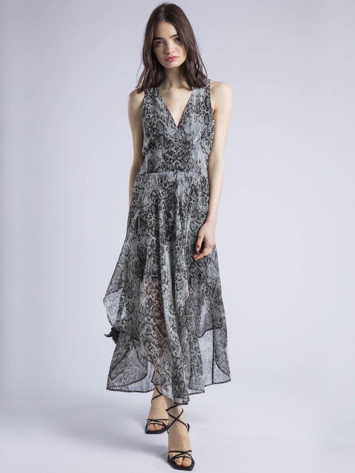 undefined Aida Midi Dress In Snake Skin Print With Handkerchief Hem - Natural