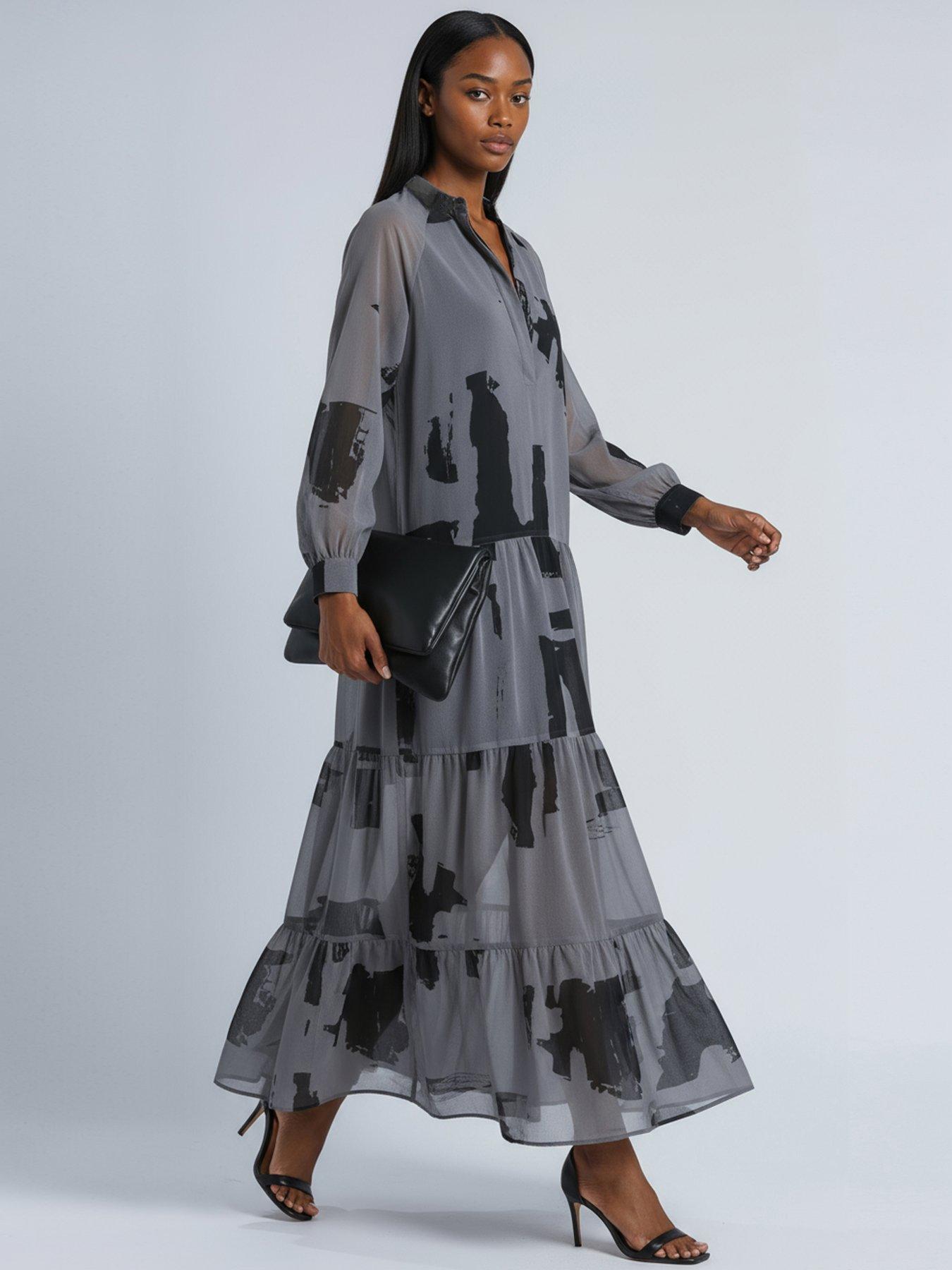 gray boho dress Split Long Boho Maxi Dress  Layered Skirt, Square Neck & Waist Sash