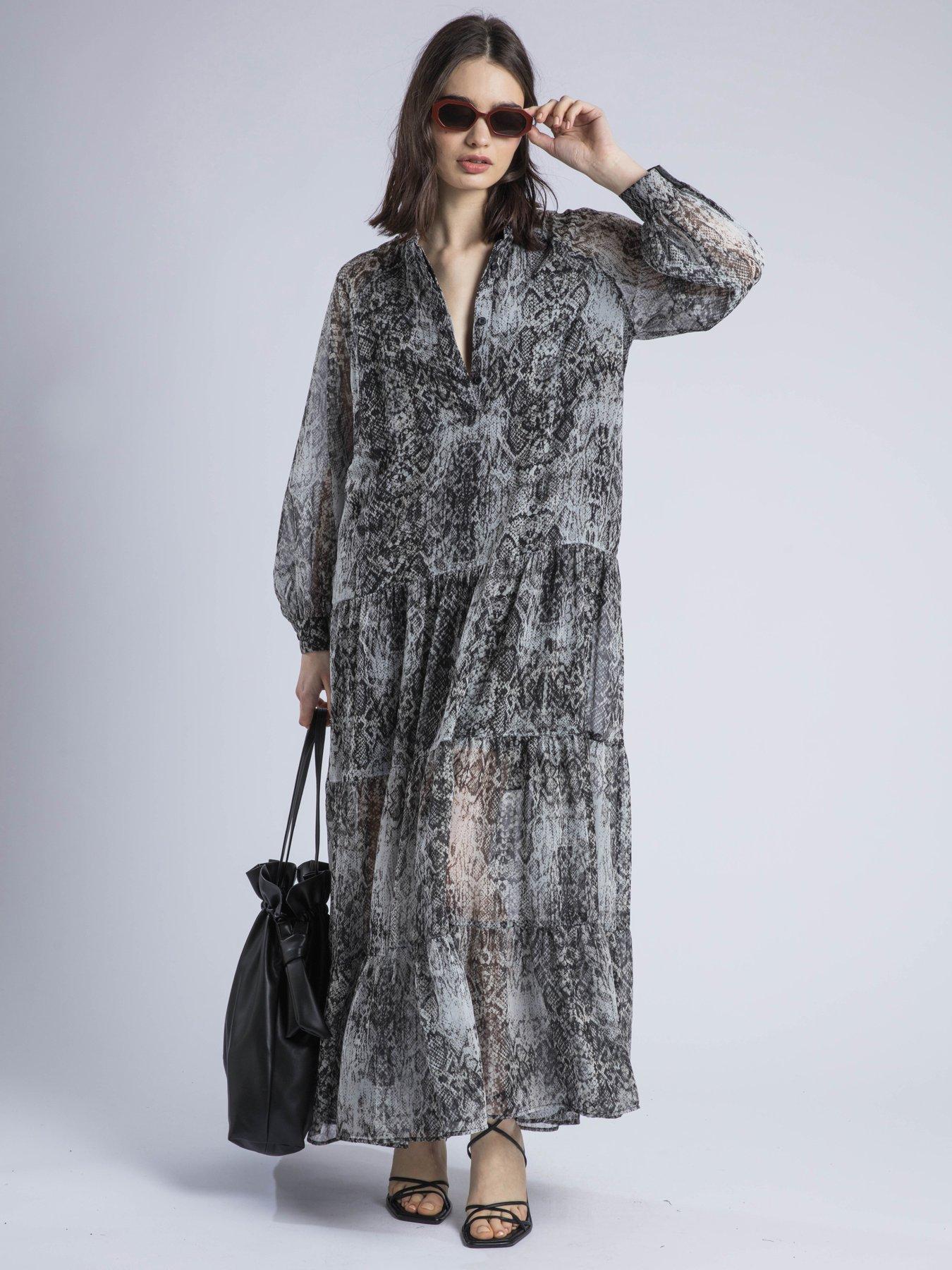 undefined Cala Tiered Boho Maxi Dress In Snake Skin Print - Natural