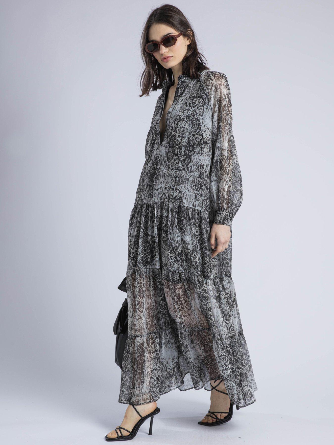 Image 3 of 6 of Religion Cala Tiered Boho Maxi Dress In Snake Skin Print - Natural