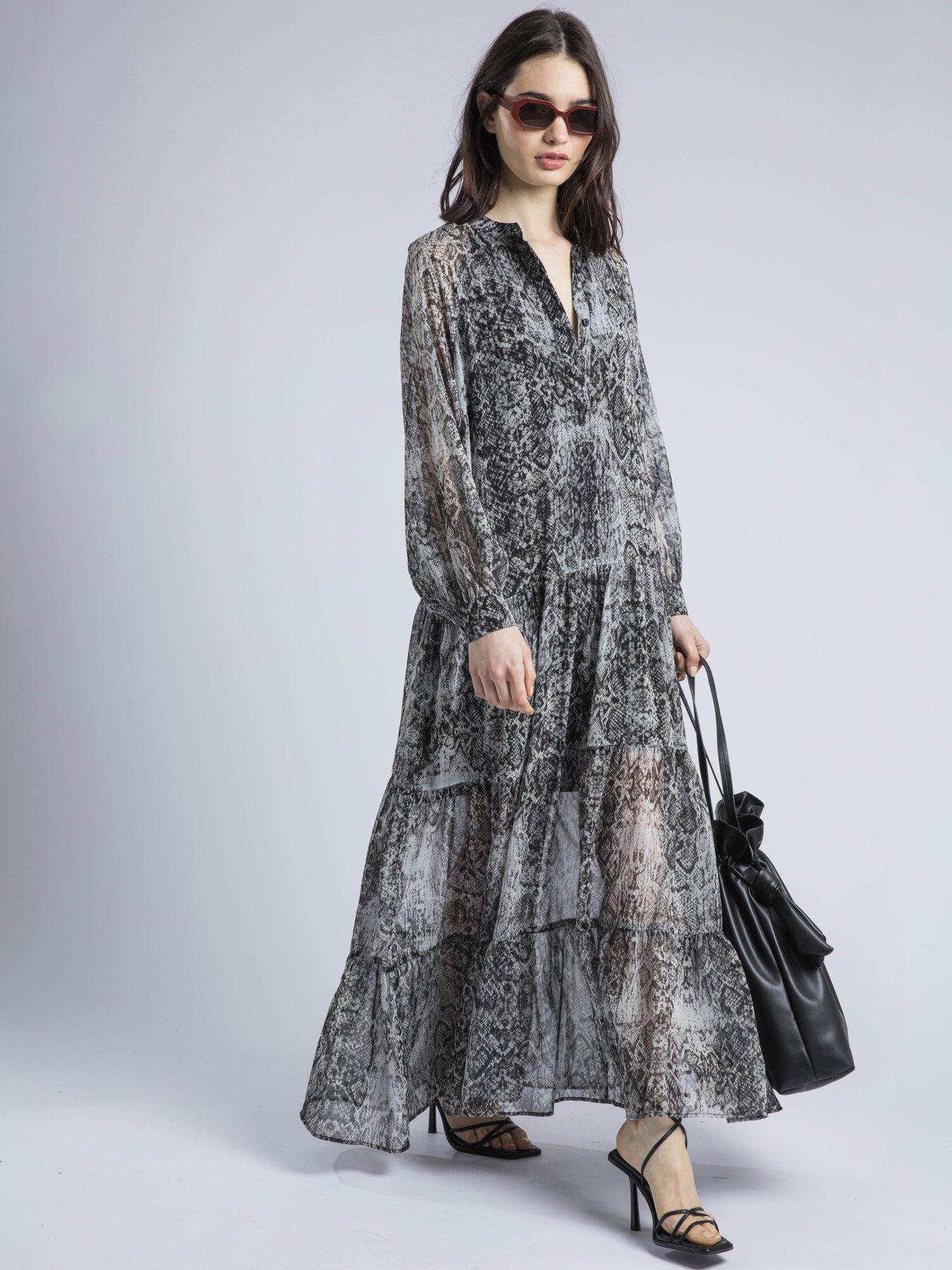 Image 4 of 6 of Religion Cala Tiered Boho Maxi Dress In Snake Skin Print - Natural