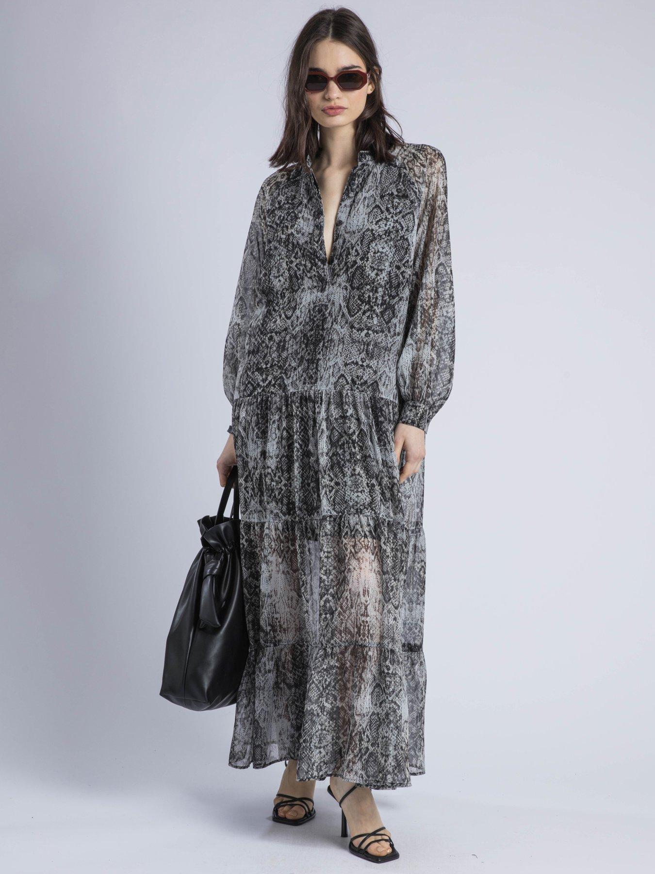 Image 5 of 6 of Religion Cala Tiered Boho Maxi Dress In Snake Skin Print - Natural