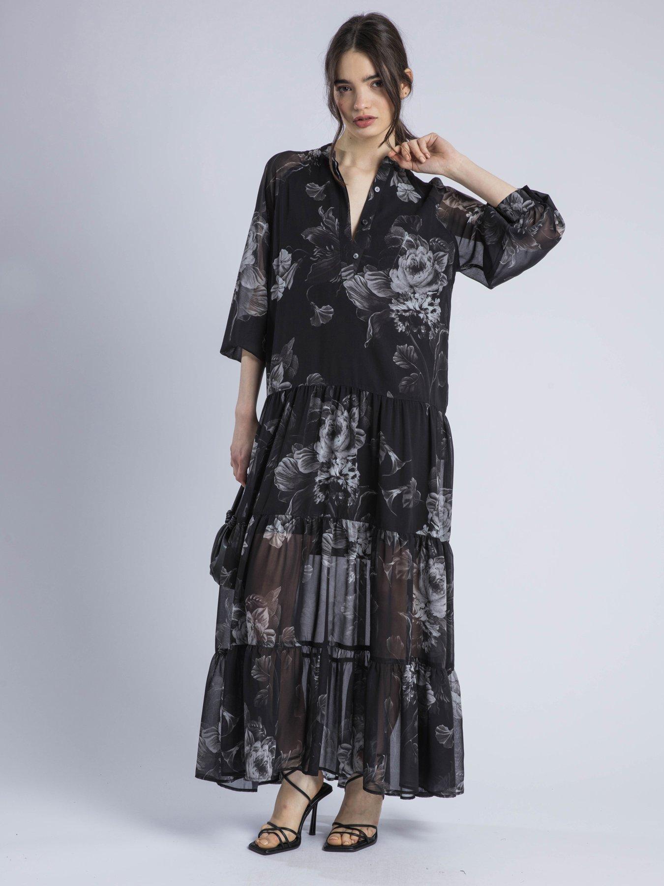 undefined Cala Tiered Boho Maxi Dress In Dark Floral Print - Black