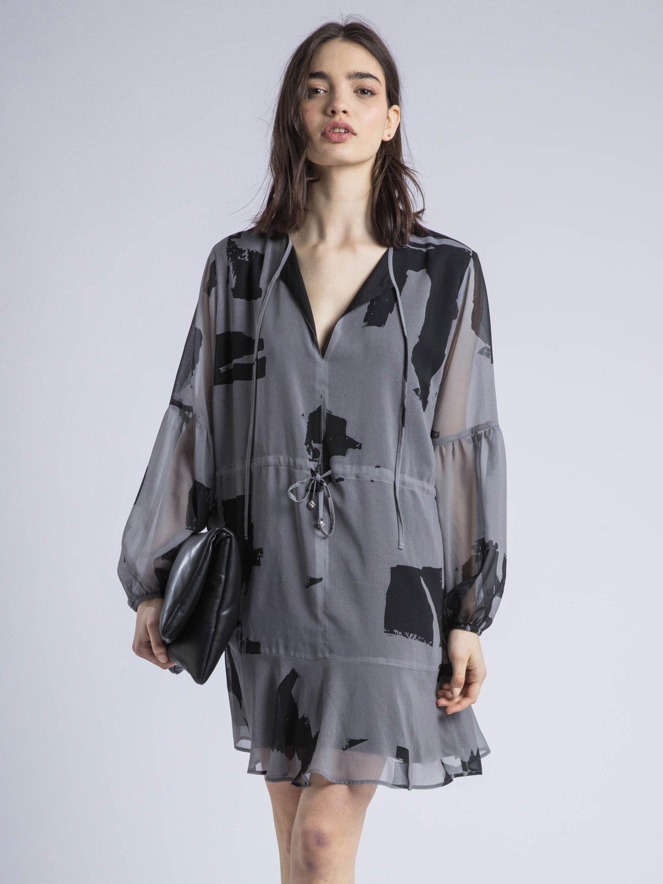 undefined Eternity Mini Dress With Neck Tie In Abstract Print - Grey