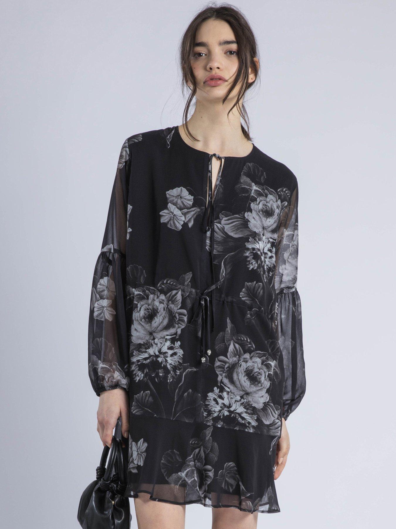 undefined Eternity Mini Dress With Neck Tie In Floral Print - Black