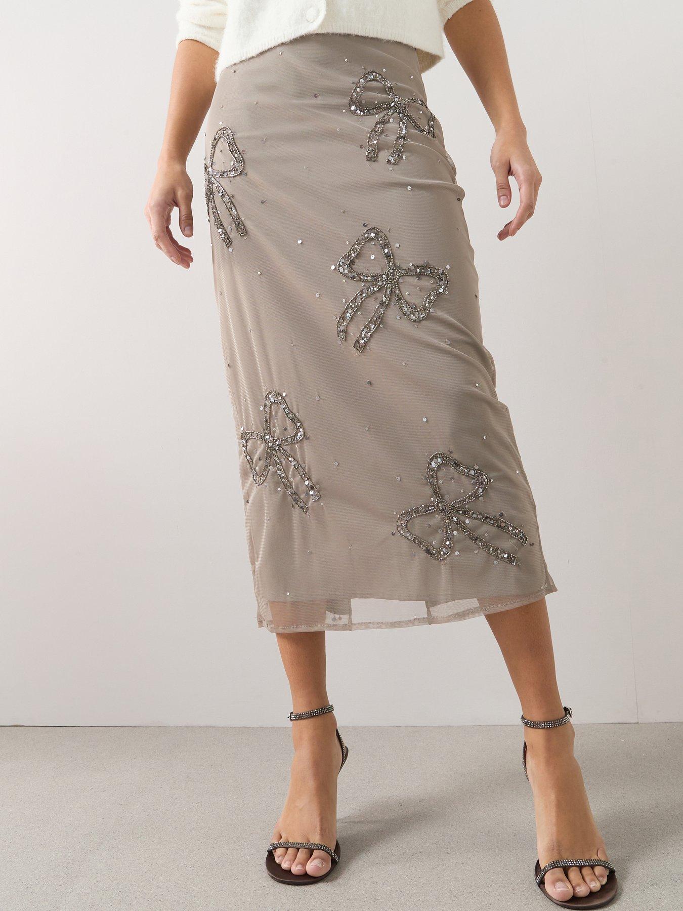 The Very Collection Bow Detail Embellished Midi Skirt Co-Ord - Grey