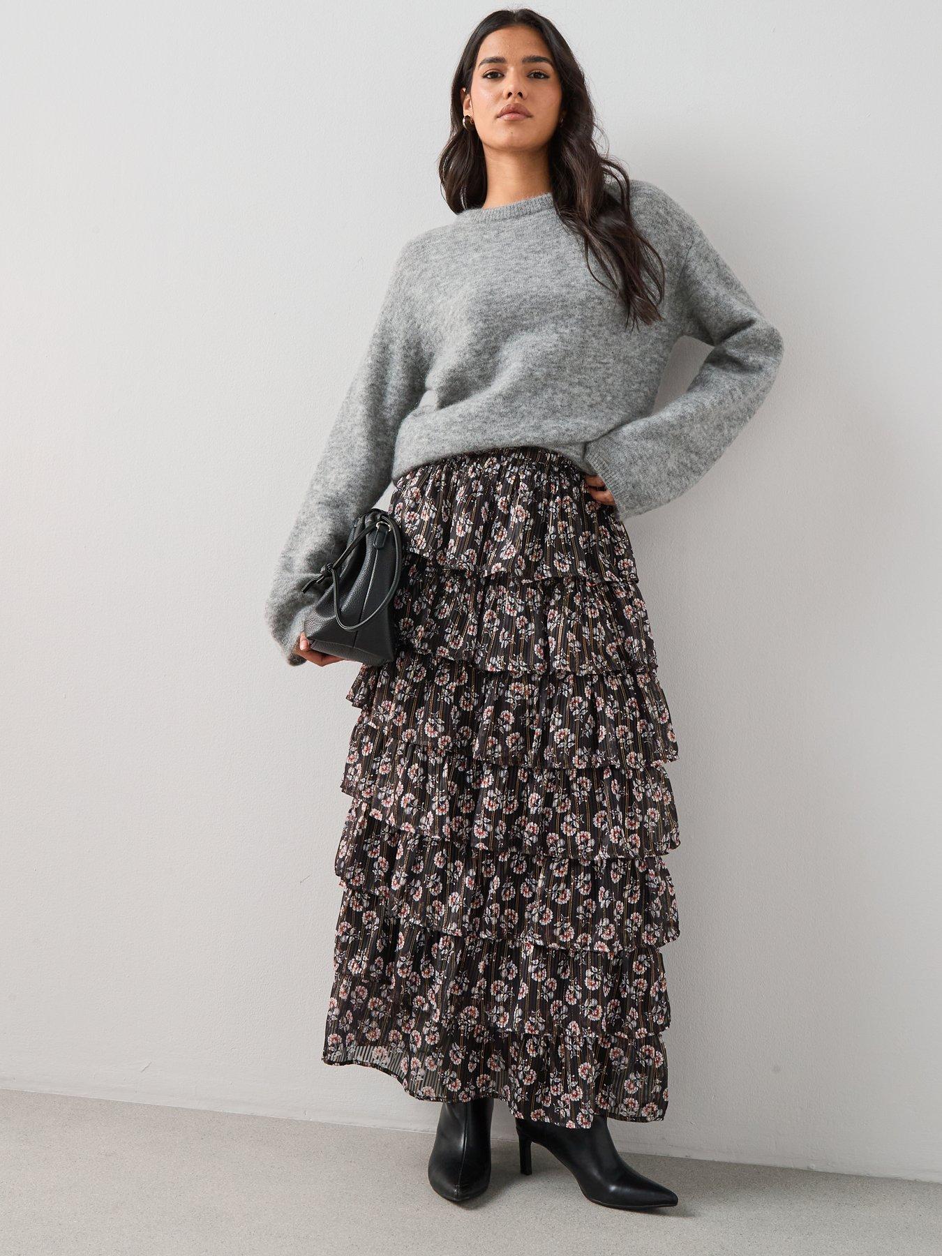 The Very Collection Floral Tiered Maxi Skirt - Black