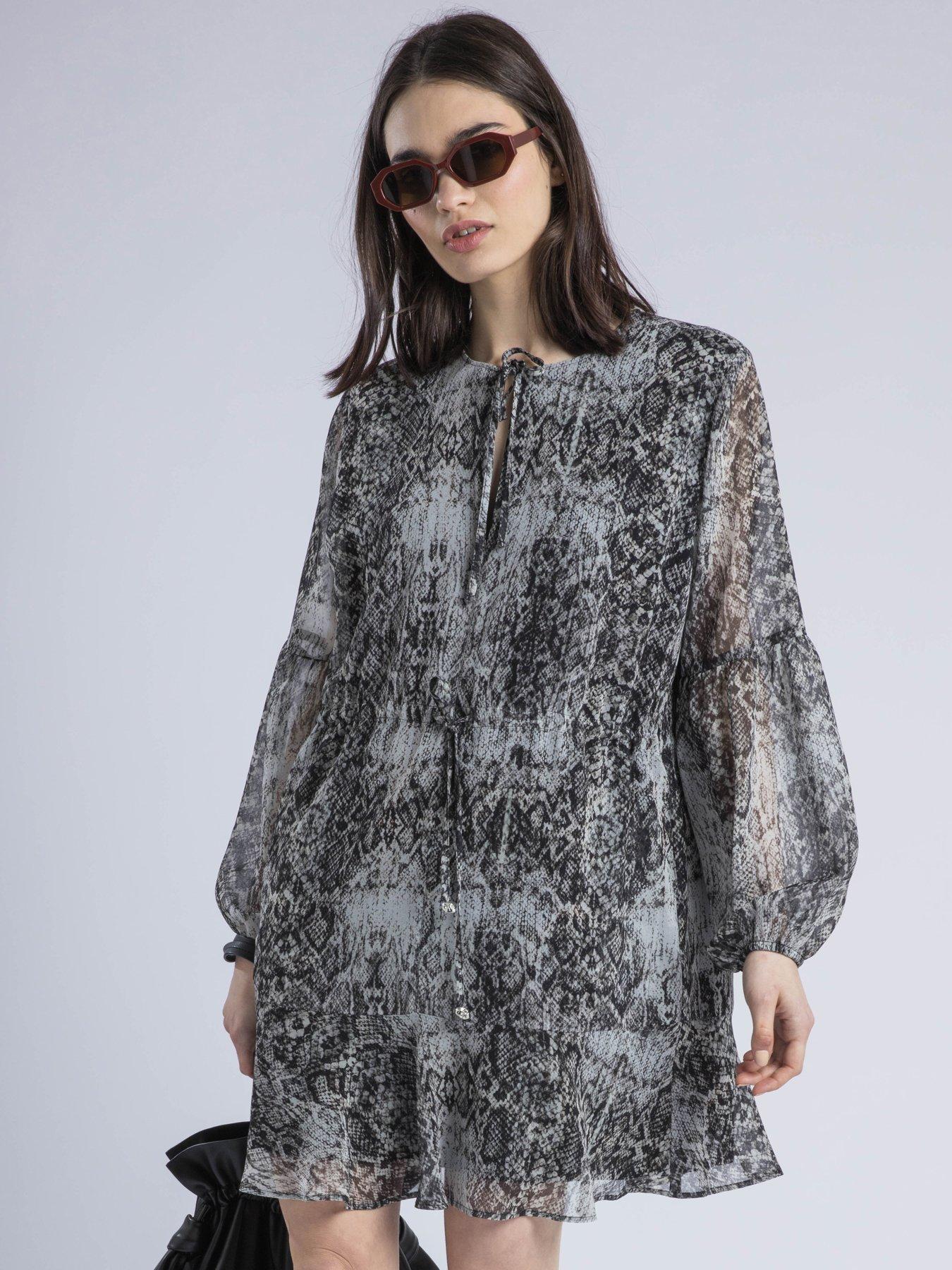 undefined Eternity Mini Dress With Neck Tie In Snake Skin Print - Natural