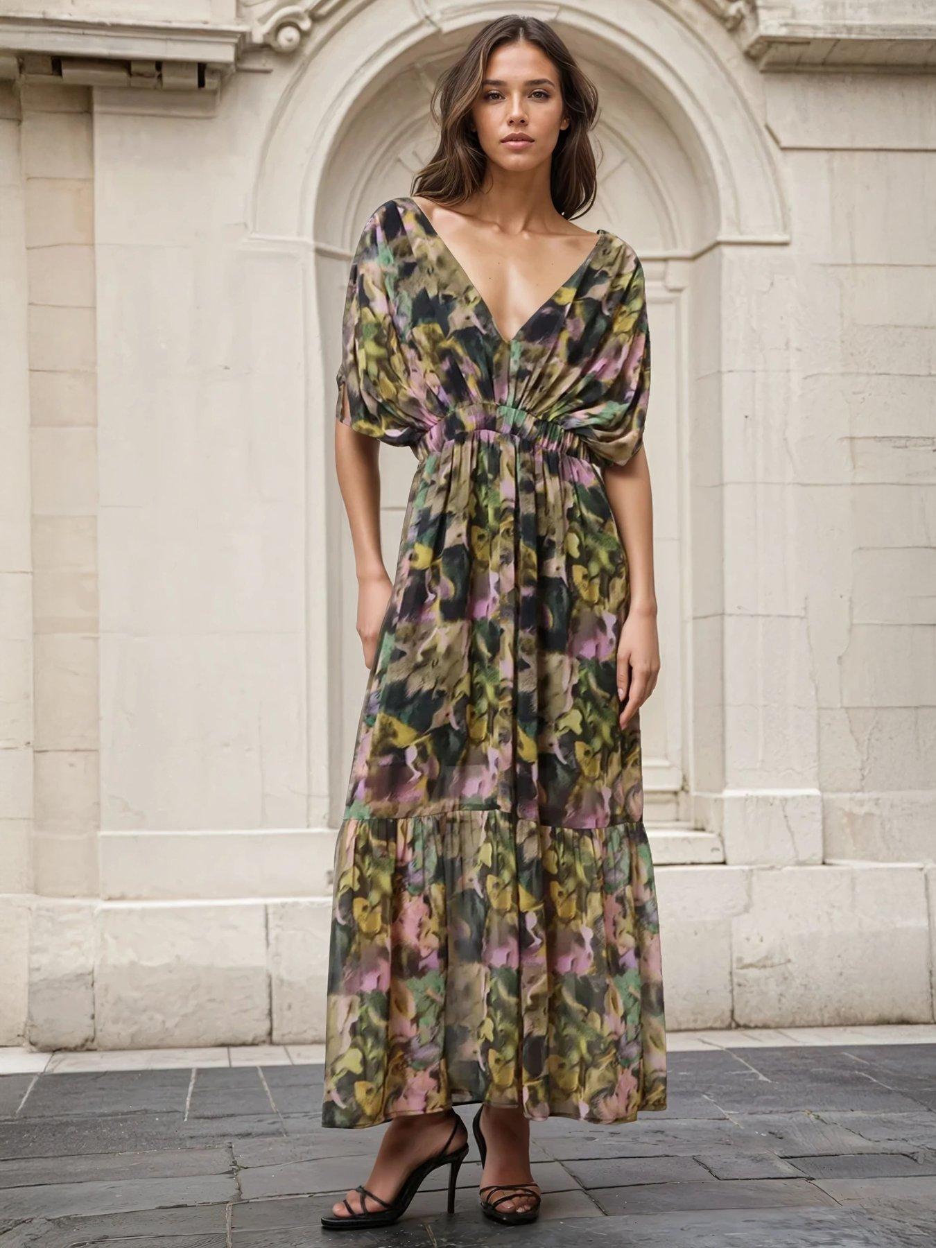 undefined Sunny Maxi Boho Dress With Tiered Skirt In Obscure Floral Print - Yellow