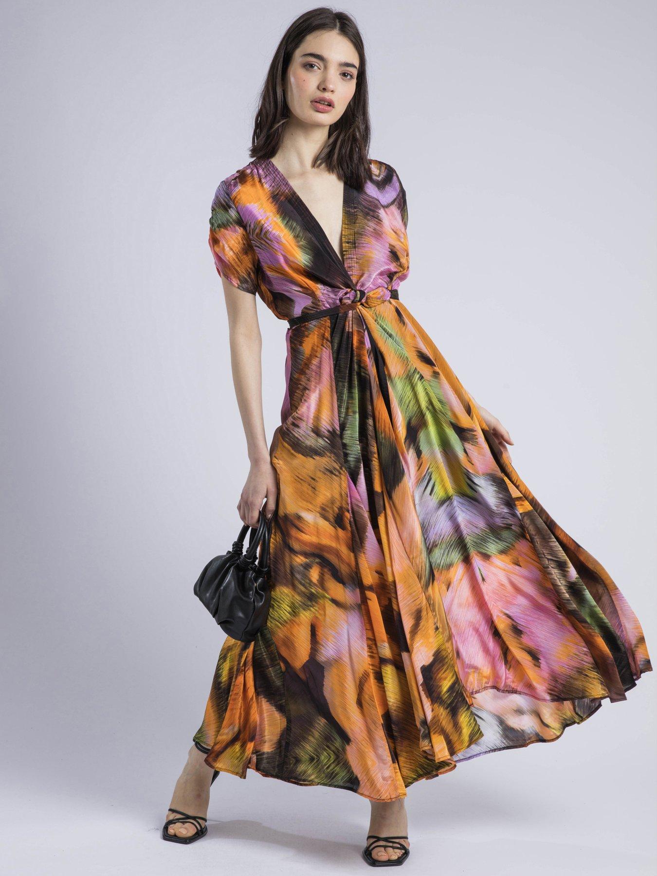 undefined Crest Maxi Wrap Dress In Silky Fabric In Obscure Orange Print - Orange