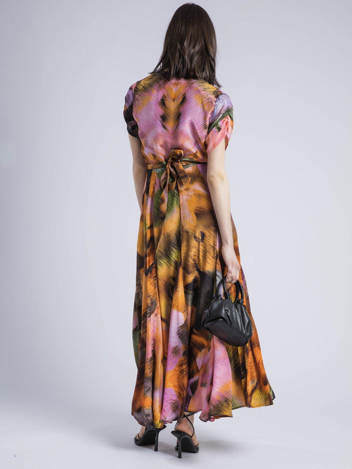 Image 2 of 6 of Religion Crest Maxi Wrap Dress In Silky Fabric In Obscure Orange Print - Orange