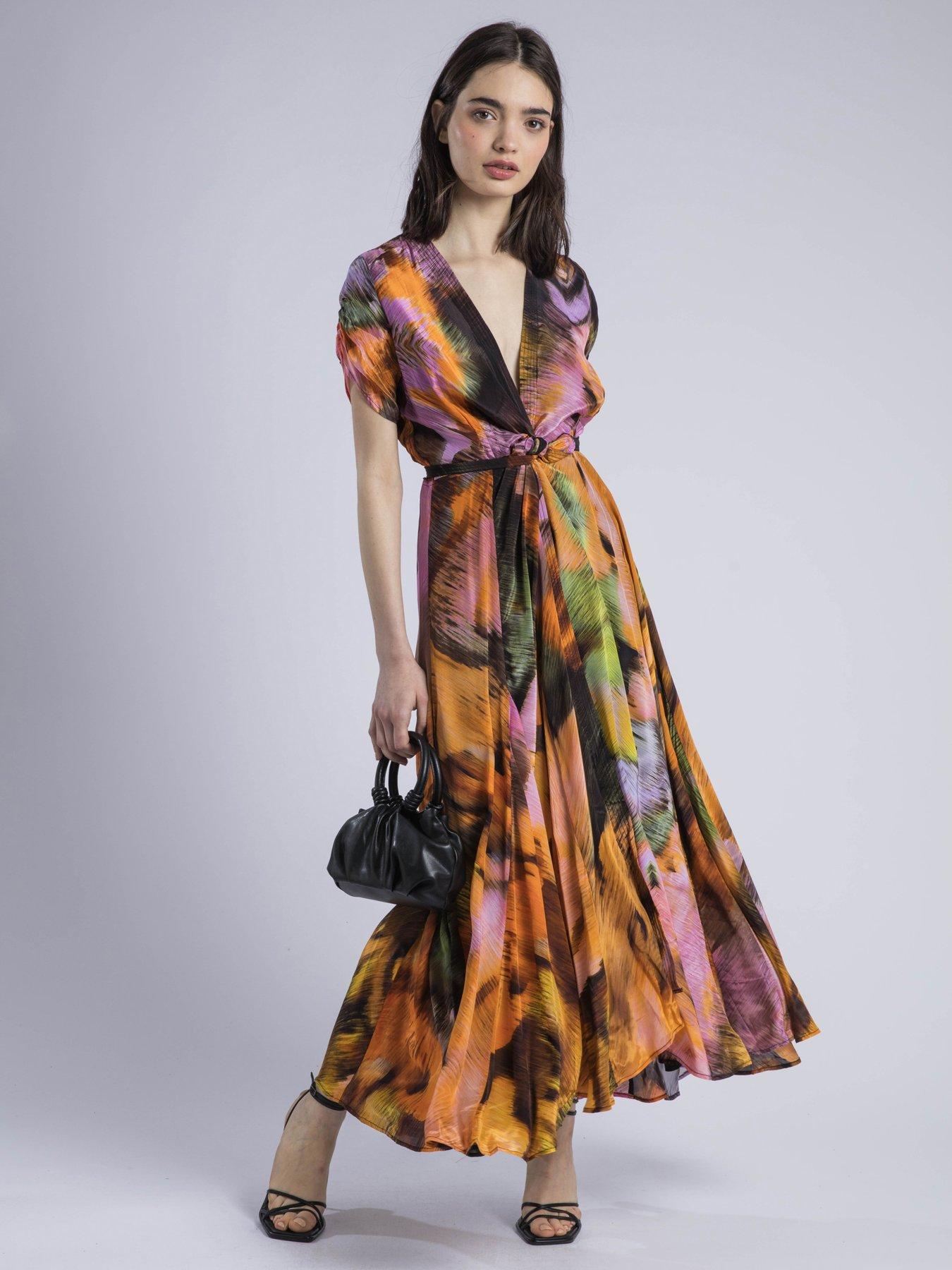 Image 3 of 6 of Religion Crest Maxi Wrap Dress In Silky Fabric In Obscure Orange Print - Orange