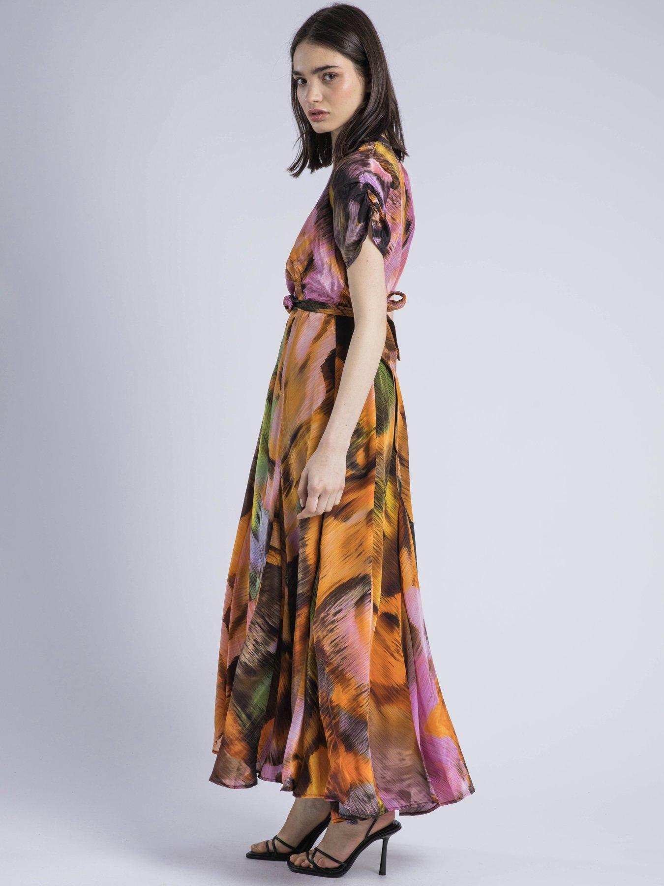 Image 4 of 6 of Religion Crest Maxi Wrap Dress In Silky Fabric In Obscure Orange Print - Orange