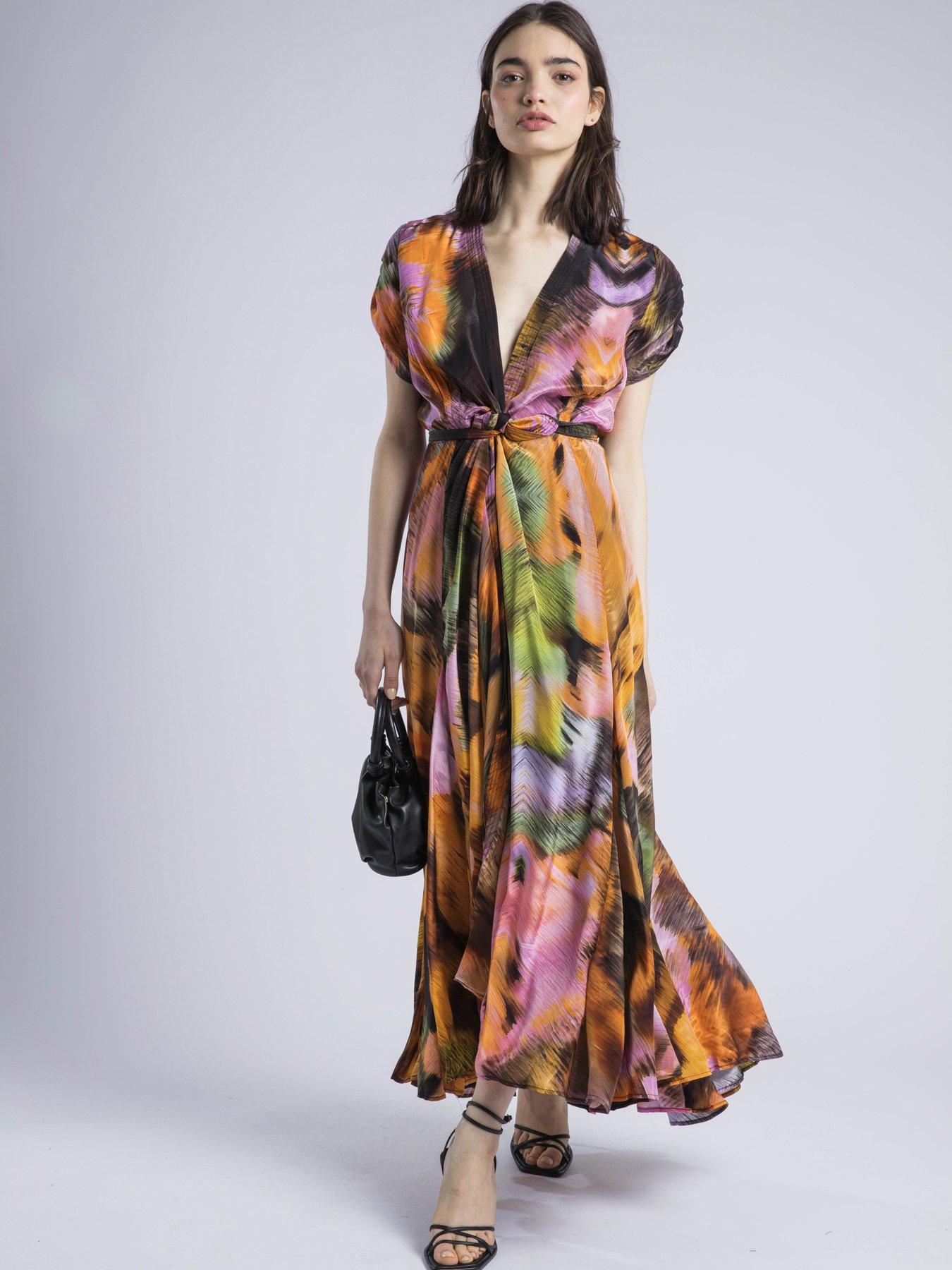 Image 5 of 6 of Religion Crest Maxi Wrap Dress In Silky Fabric In Obscure Orange Print - Orange