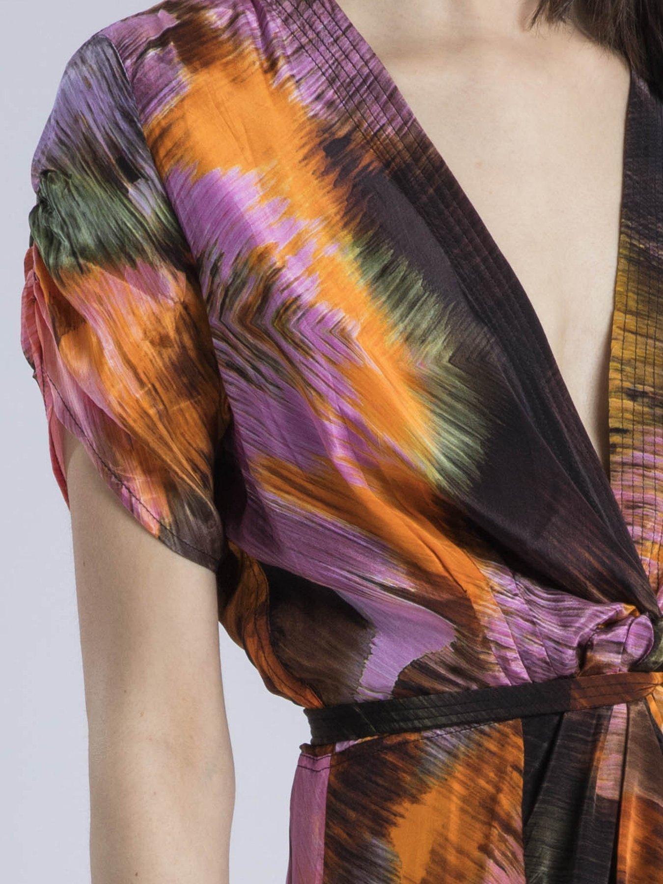 Image 6 of 6 of Religion Crest Maxi Wrap Dress In Silky Fabric In Obscure Orange Print - Orange