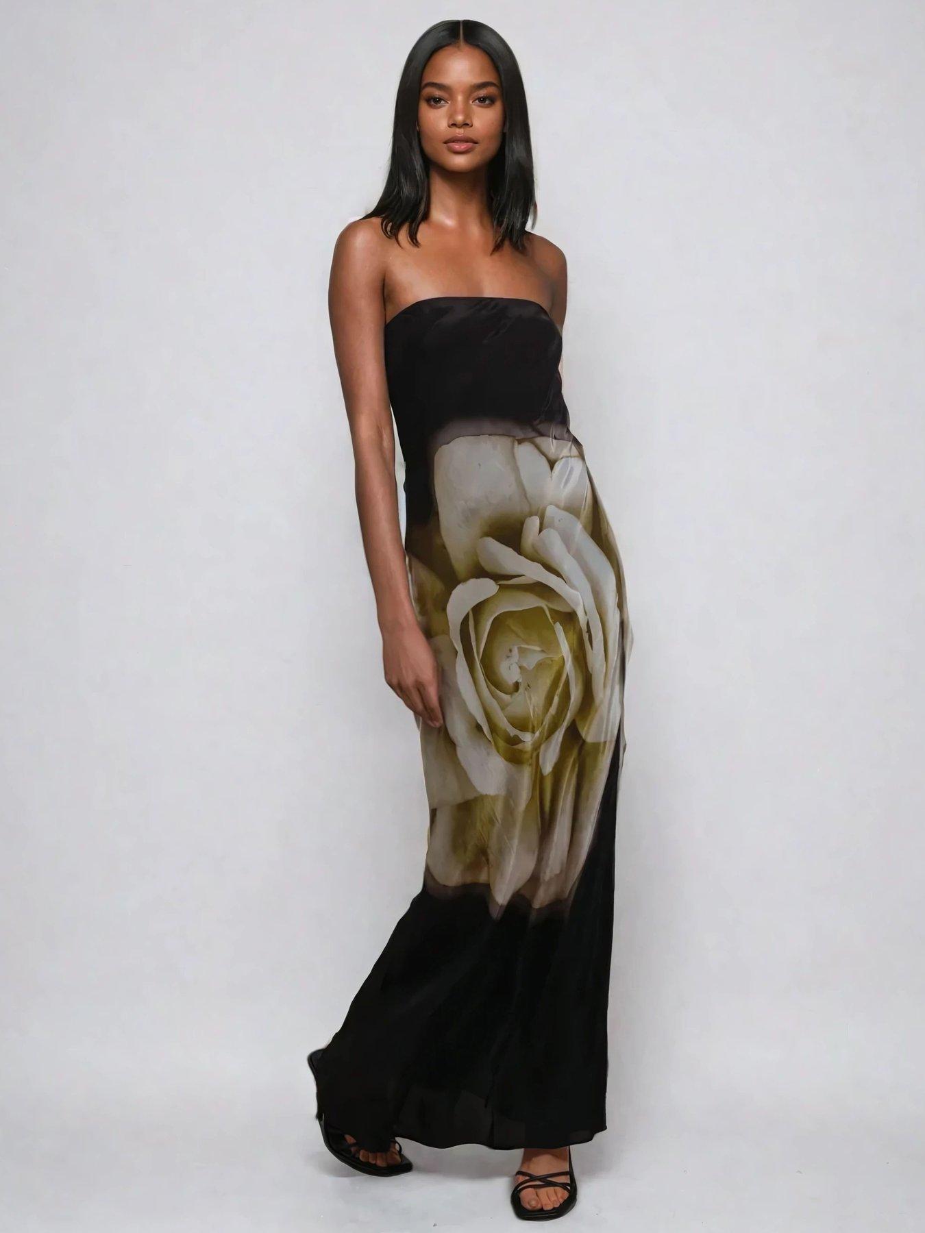 undefined Coco Maxi Bandeau Dress With Large Floral Print - Black