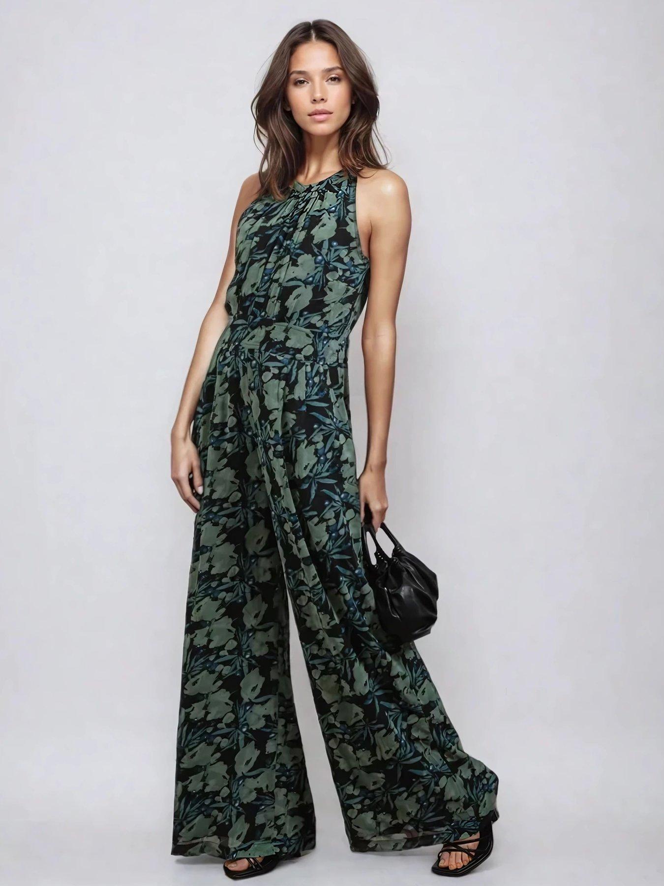 undefined Crew Halterneck Jumpsuit In Green Floral - Green