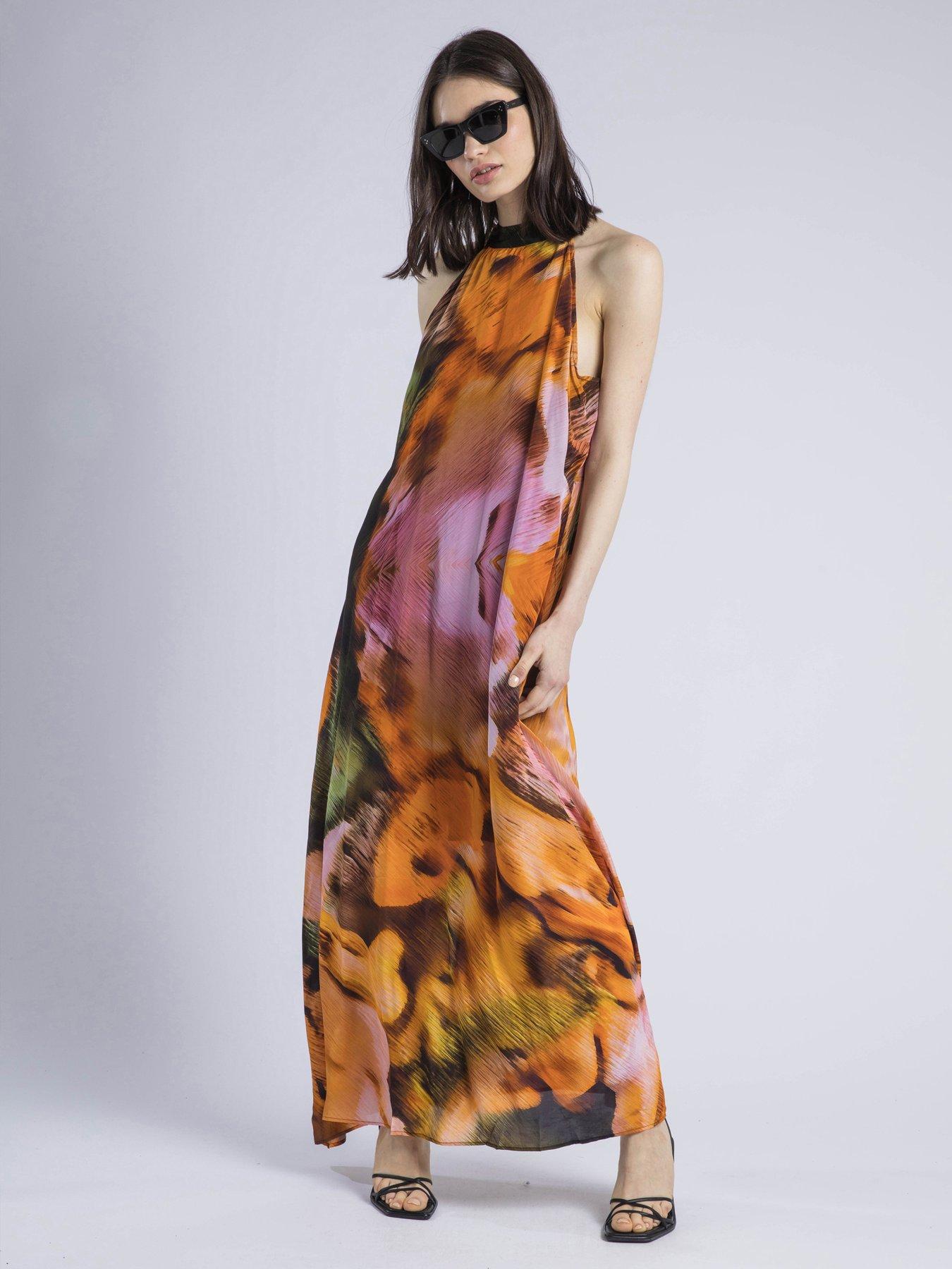 Religion Glow Halterneck Maxi Dress In Bright Abstract Print, Orange, Size 16, Women