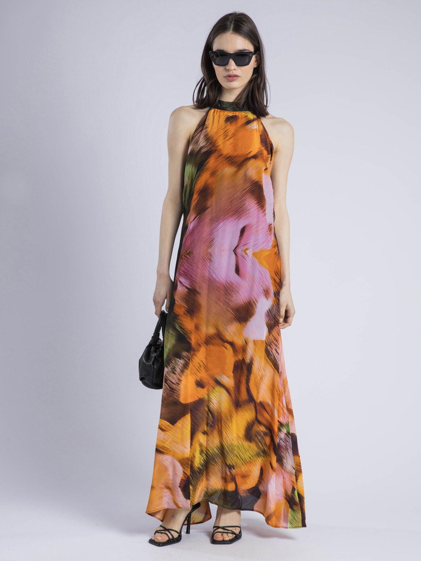 undefined Glow Halterneck Maxi Dress In Bright Abstract Print - Orange