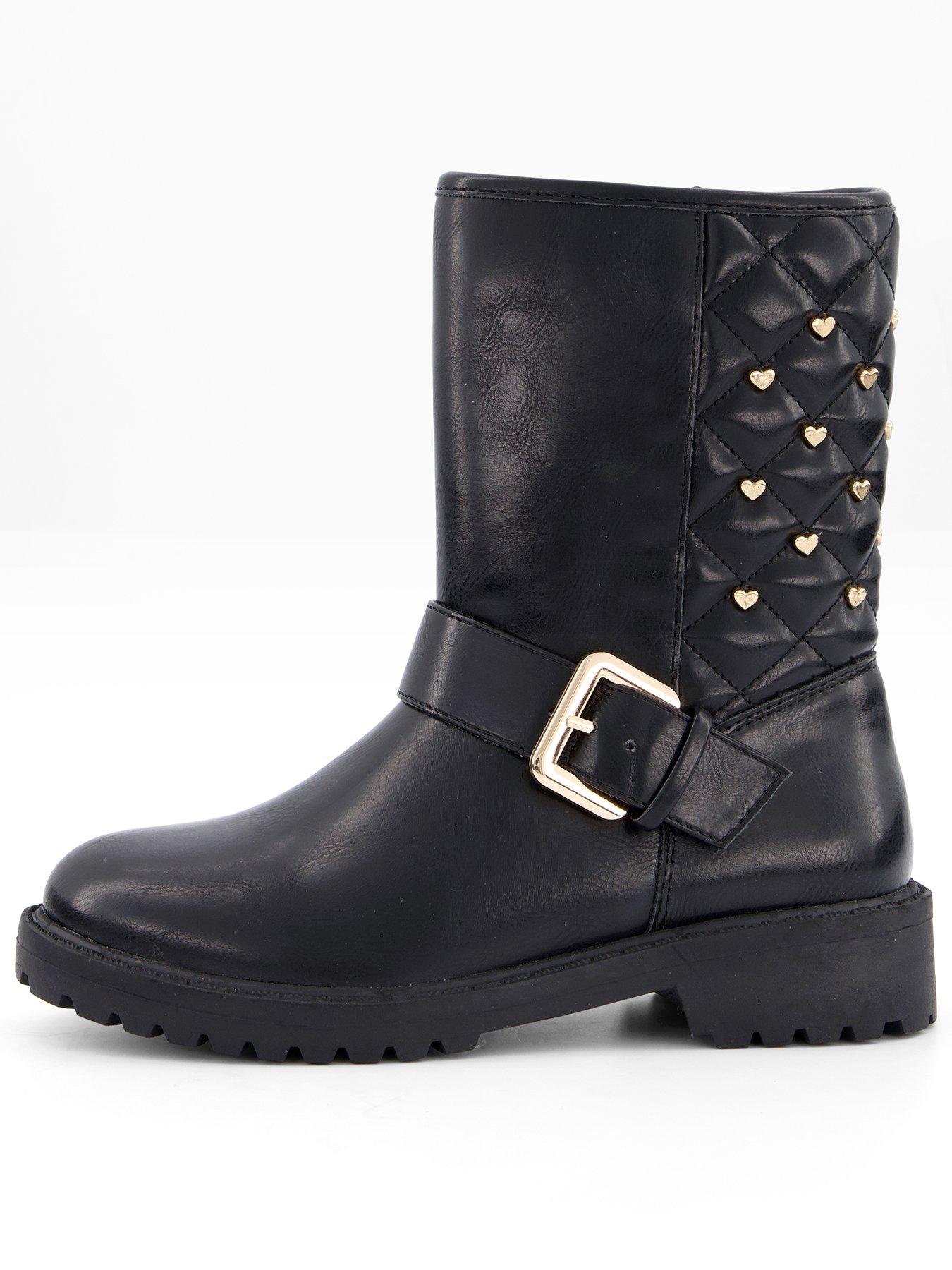 The Very Collection Girls Heart Stud Quilted Biker Boot Black Very