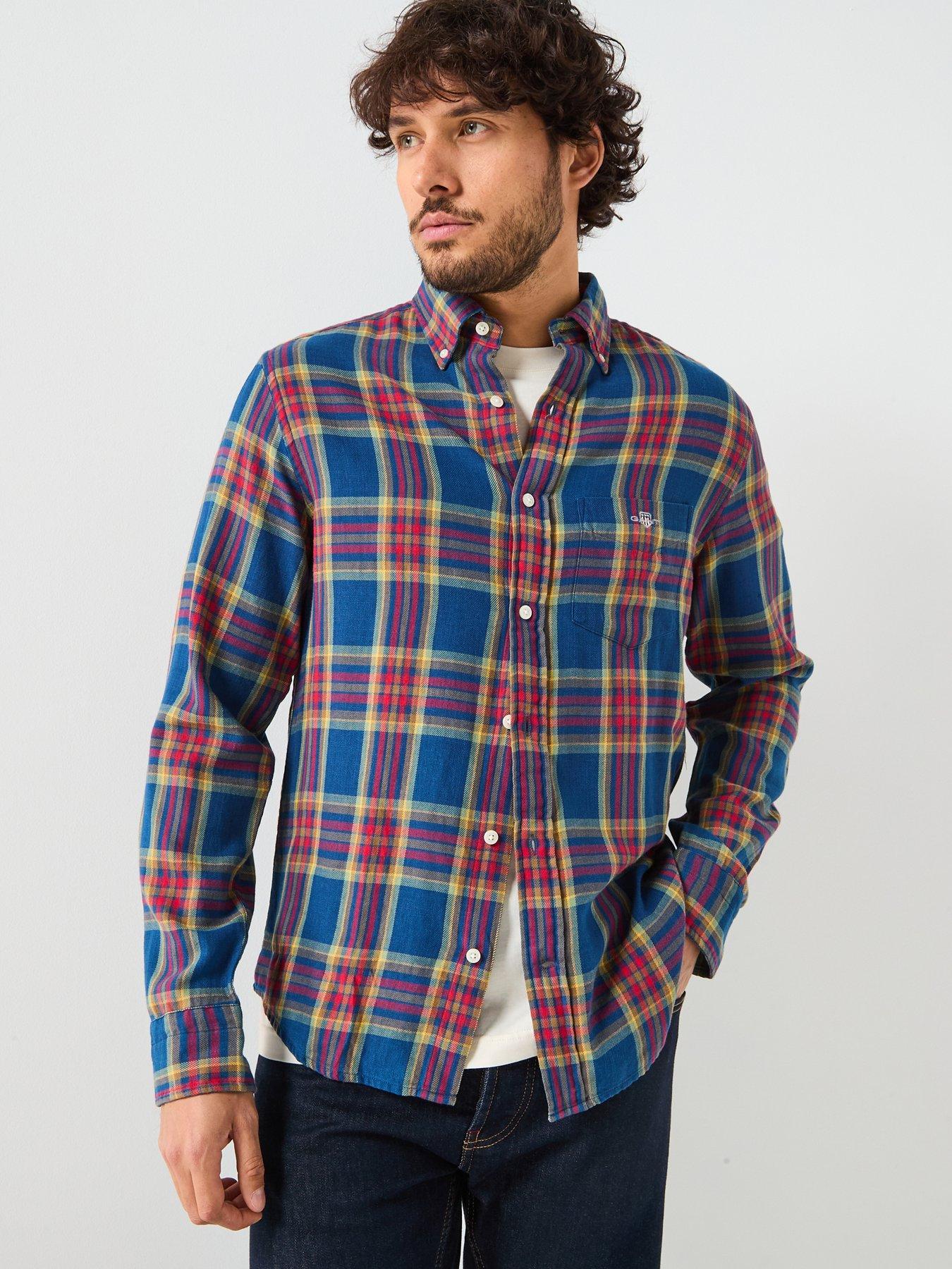 Image 1 of 6 of GANT Regular Fit Indigo Twill Long Sleeve Check Shirt - Navy