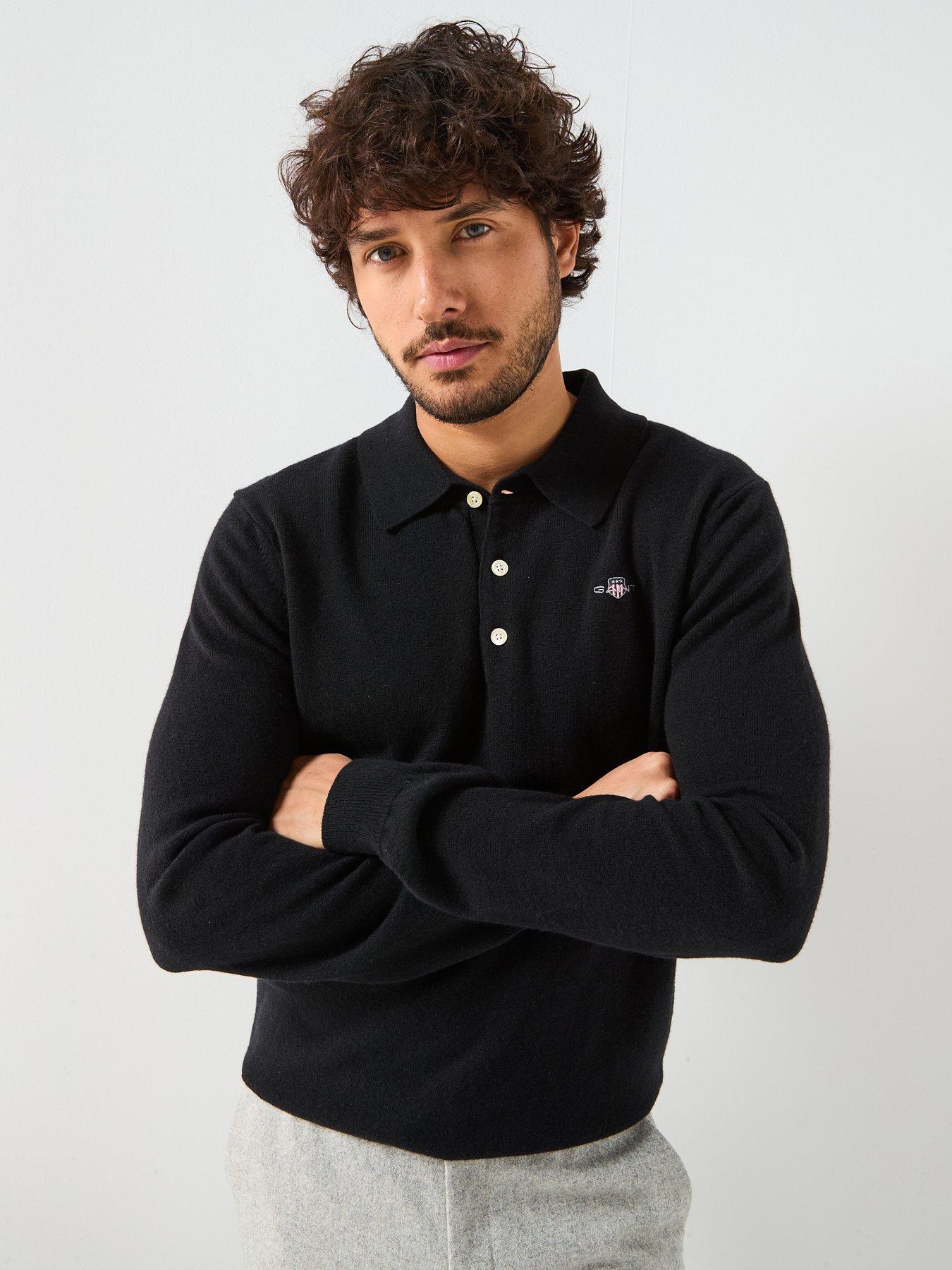 GANT Knitted Button Down Long Sleeve Polo Shirt - Black