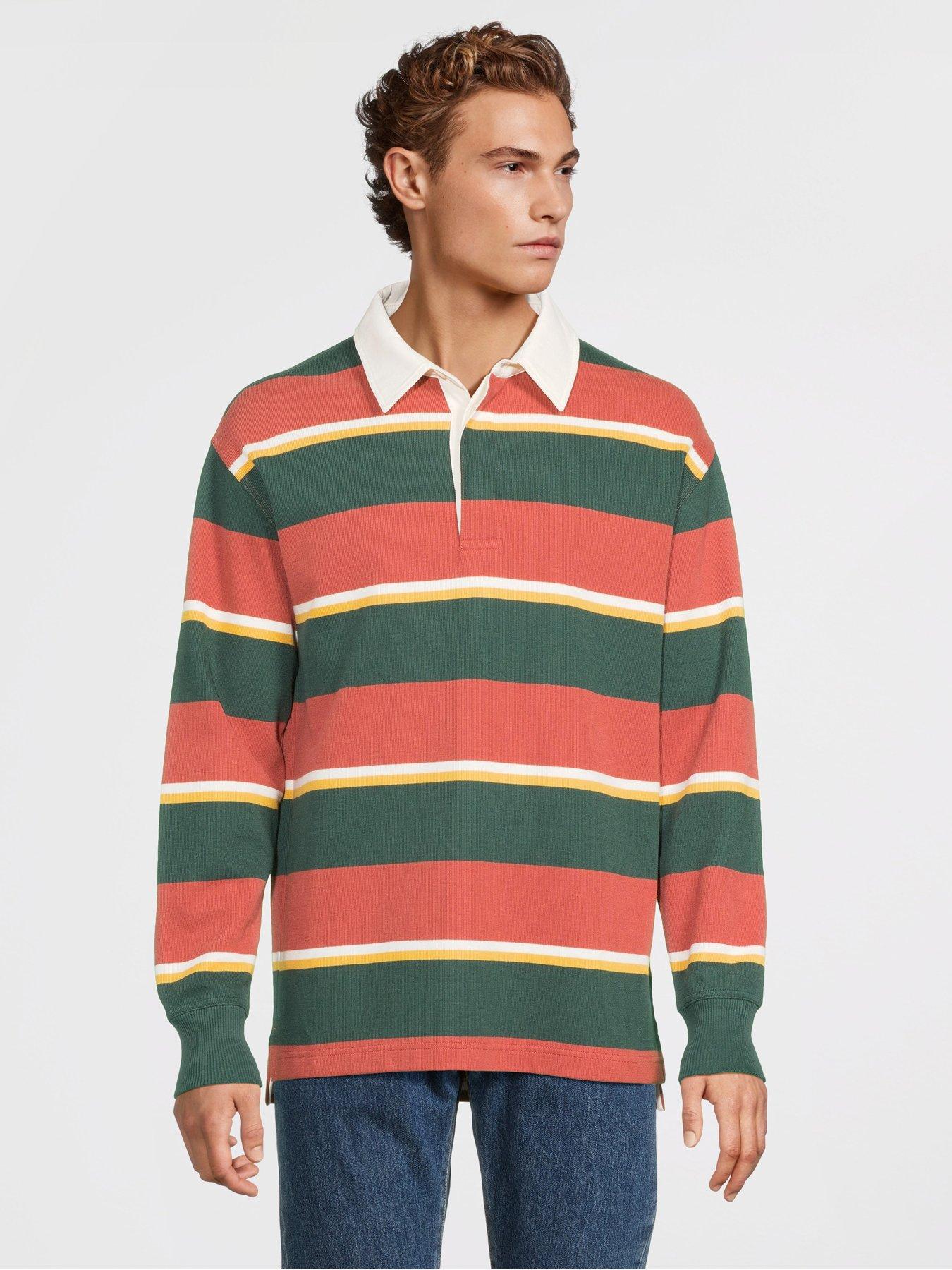 undefined Striped Heavy Rugger Long Sleeve Polo Shirt - Orange