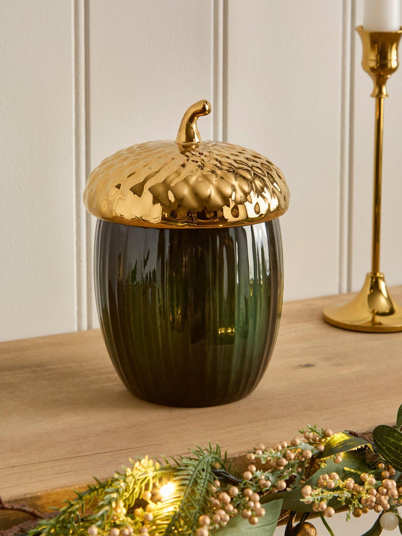 Festive 15 cm Dolomite Dark Green Acorn Lidded Pot Christmas Decoration