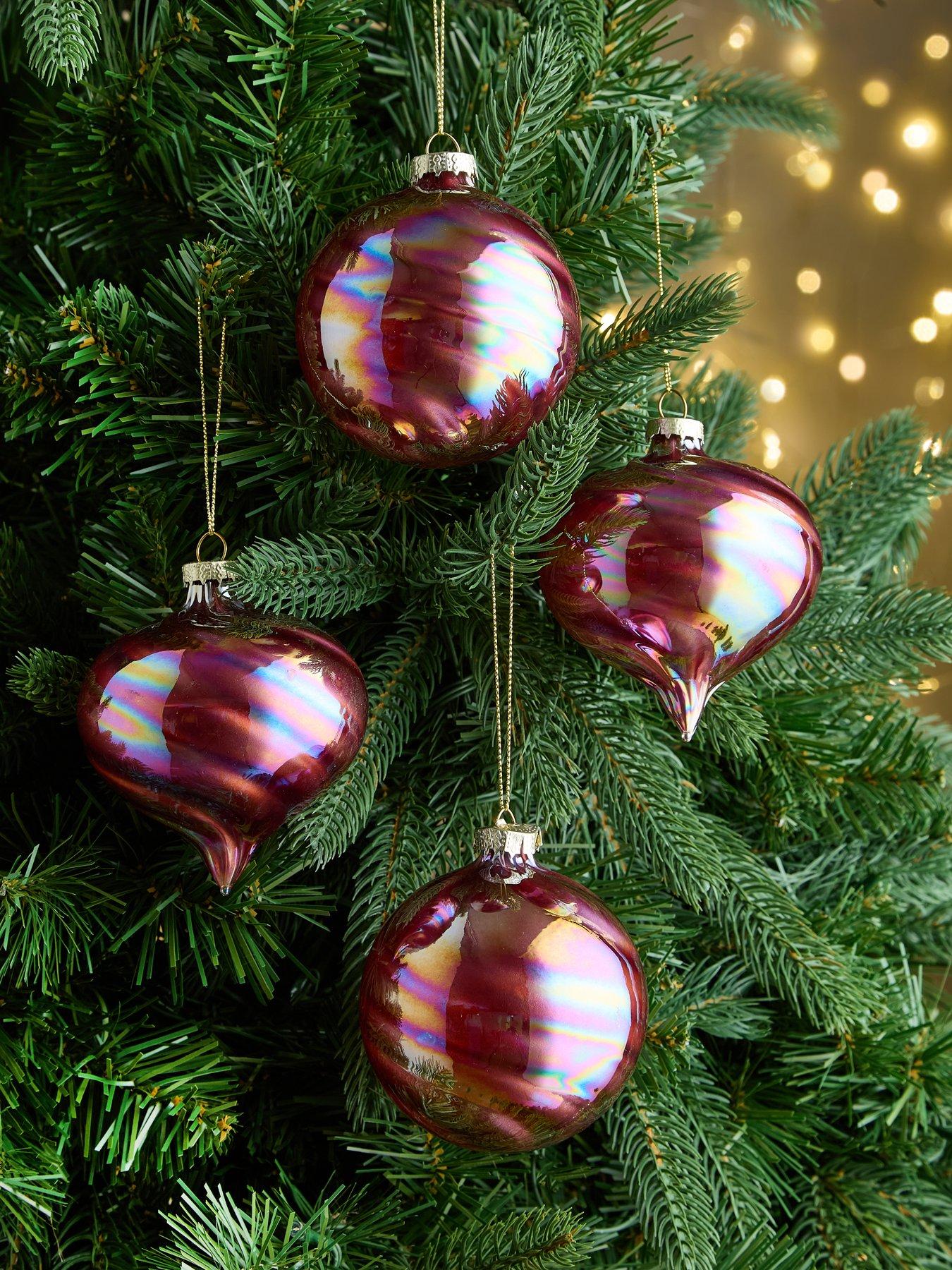 Festive Set of 4 Pink Rainbow Effect Glass Christmas Baubles