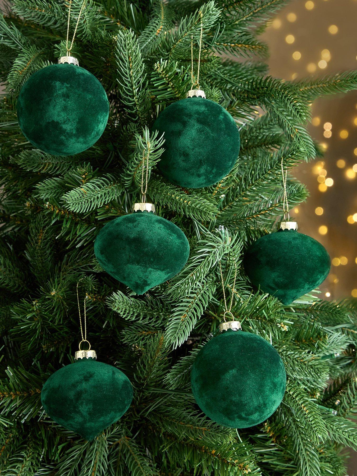 Festive Set of 6 Emerald Green Flocked Glass Christmas Tree Baubles