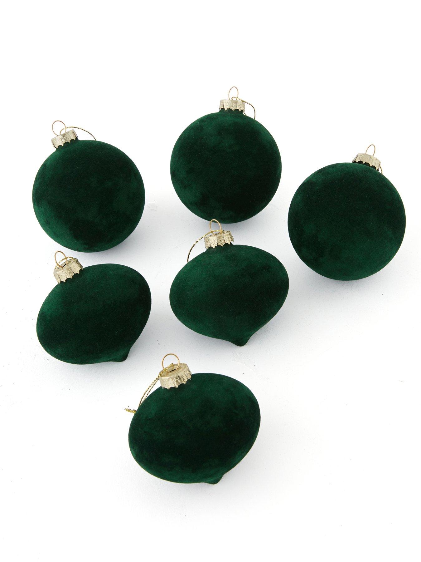 Image 2 of 4 of Festive Set of 6&nbsp;Emerald Green Flocked Glass Christmas Tree&nbsp;Baubles