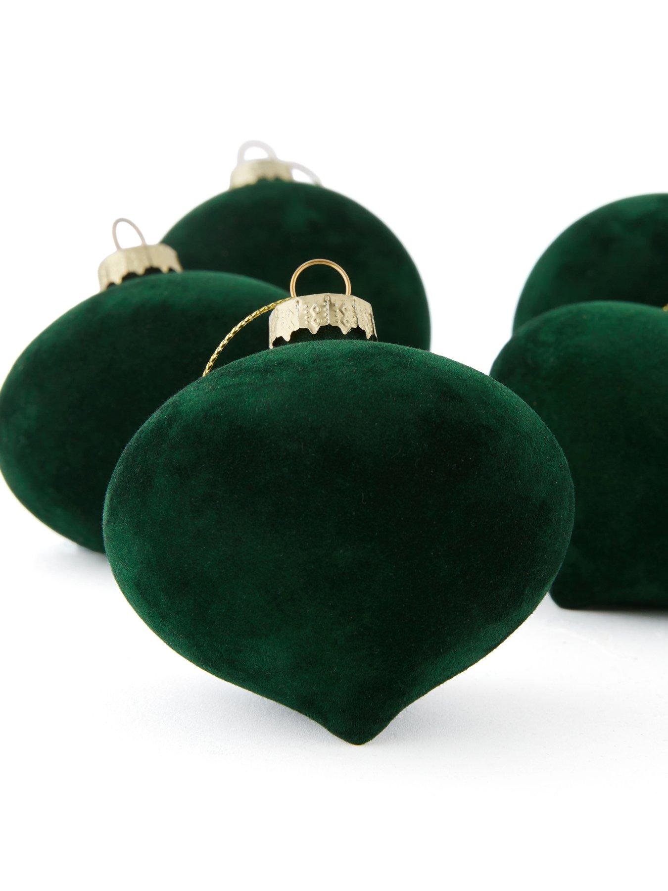 Image 3 of 4 of Festive Set of 6&nbsp;Emerald Green Flocked Glass Christmas Tree&nbsp;Baubles