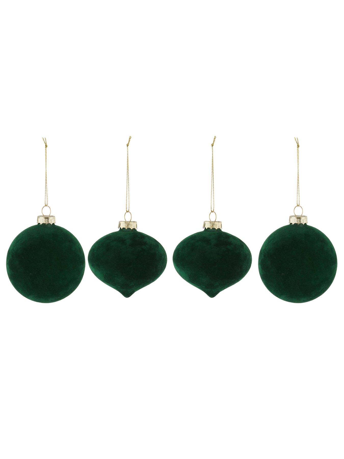 Image 4 of 4 of Festive Set of 6&nbsp;Emerald Green Flocked Glass Christmas Tree&nbsp;Baubles