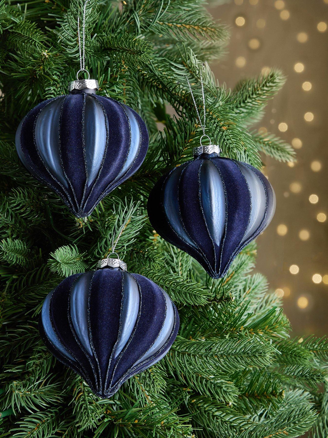Image 1 of 4 of Festive Set of 3&nbsp;Navy Flocked Onion Christmas Tree Baubles