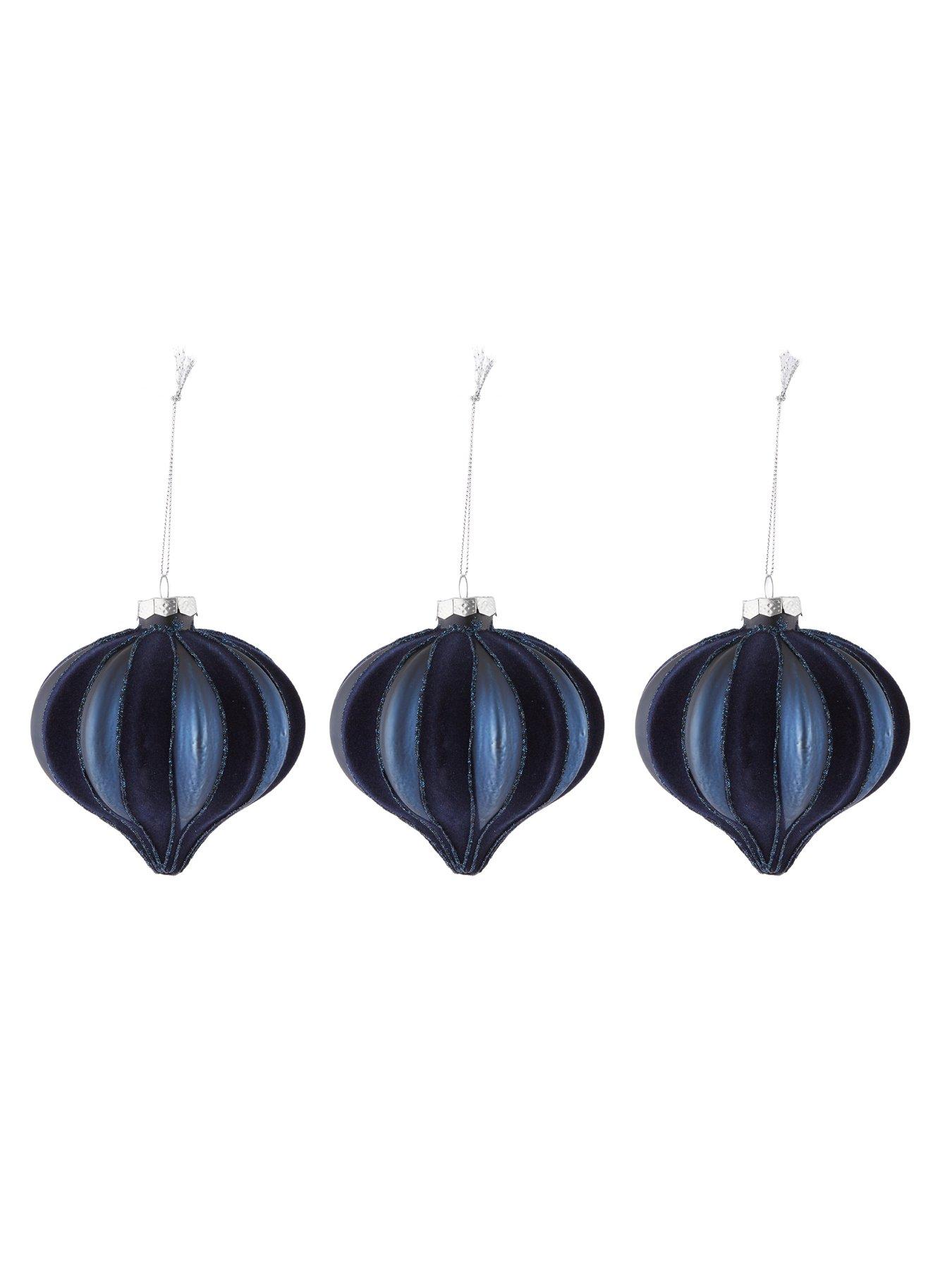 Image 4 of 4 of Festive Set of 3&nbsp;Navy Flocked Onion Christmas Tree Baubles