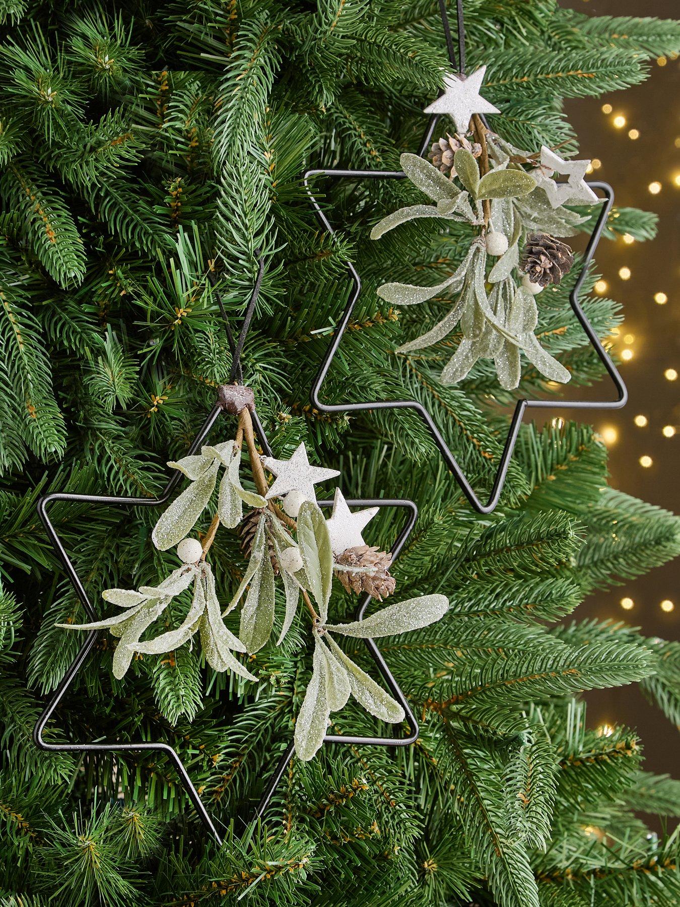Festive Set of 2 Metal Star with Mistletoe Christmas Tree Decorations