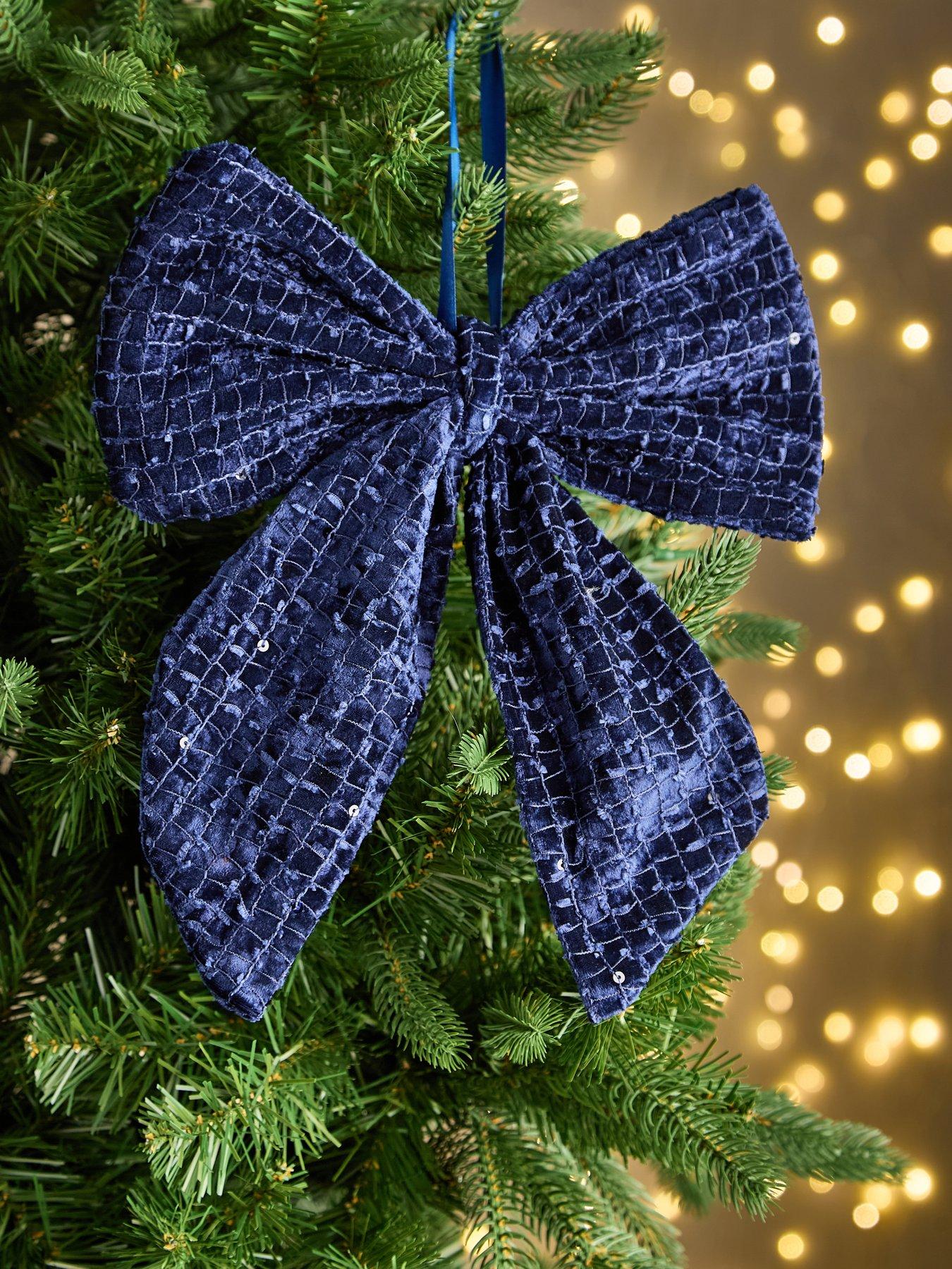 Festive Set of 3 Blue Fabric Bow Christmas Tree Decorations