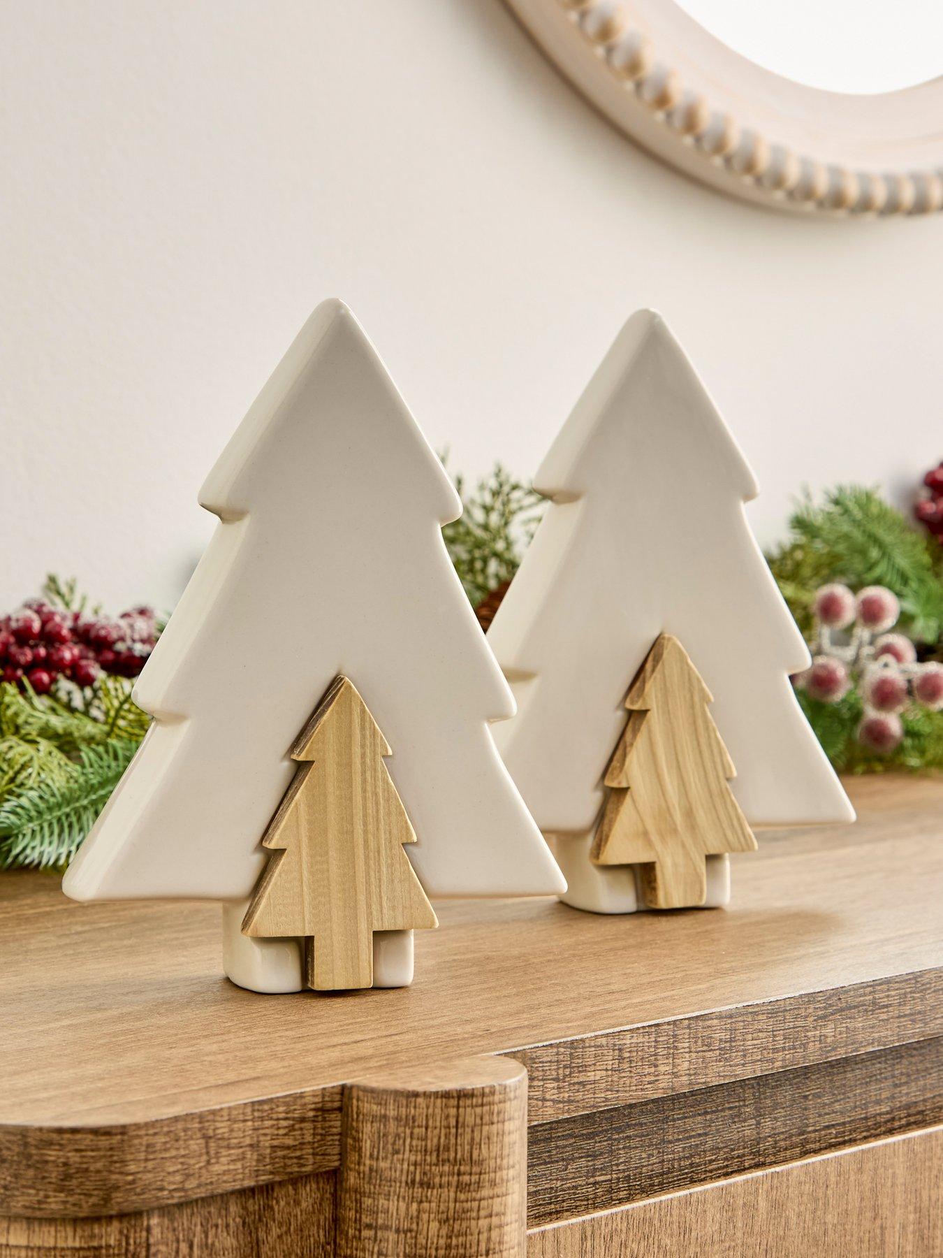 Festive Set of 2 White Porcelain and Wood Tree Christmas Ornaments