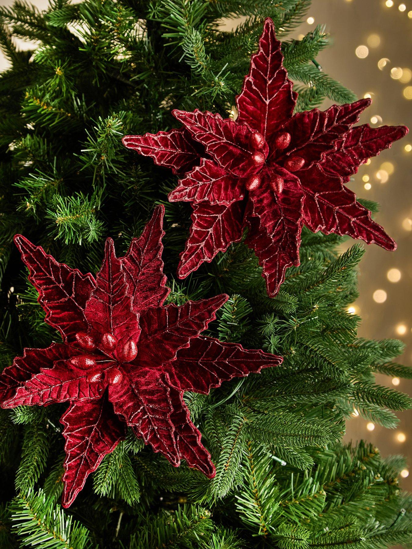 Festive Set of 4 Burgundy Velvet Poinsettia Christmas Tree Decorations