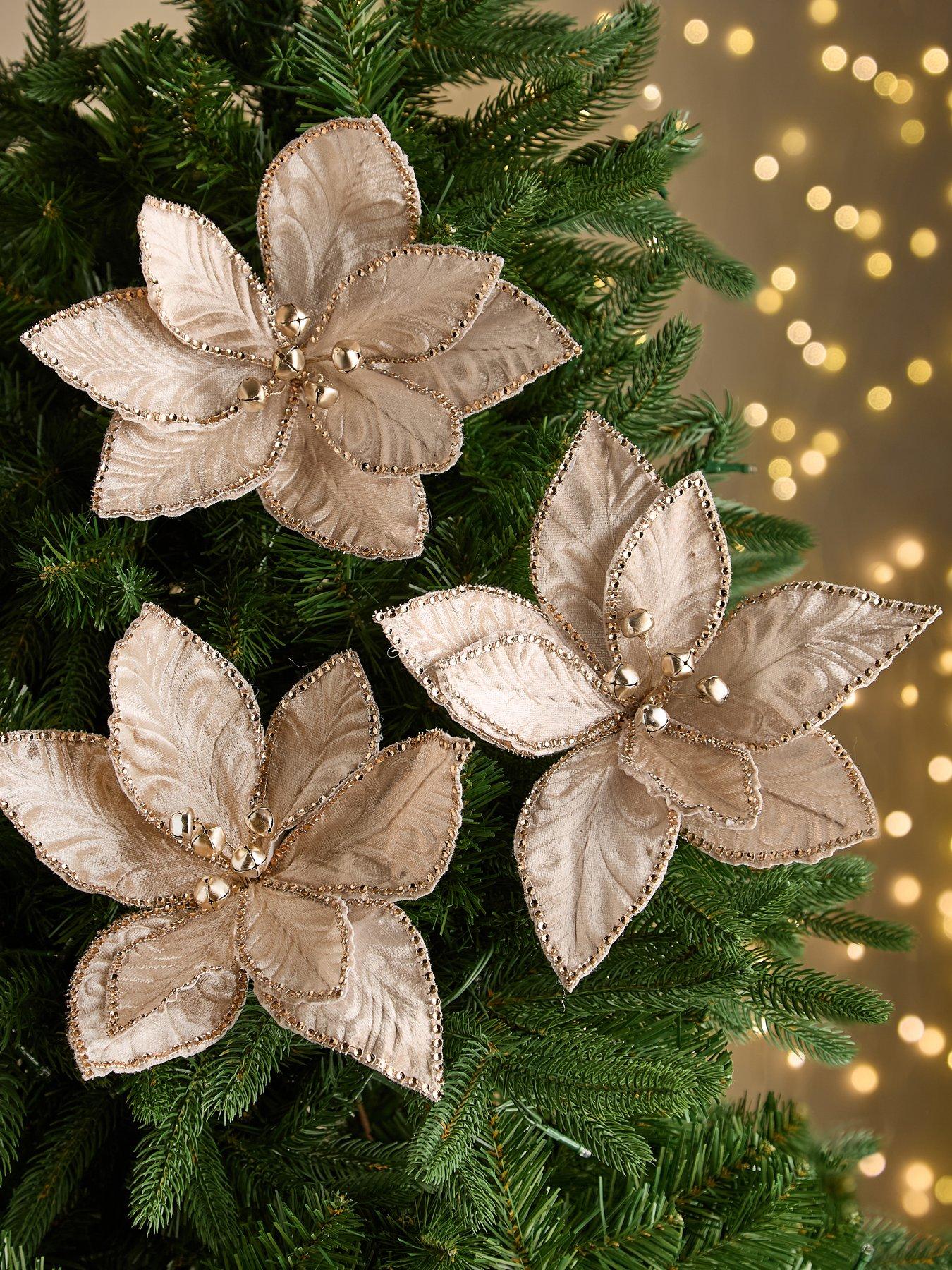 Festive Set of 3 Champagne Gold Poinsettia with Sequins Christmas Tree Picks